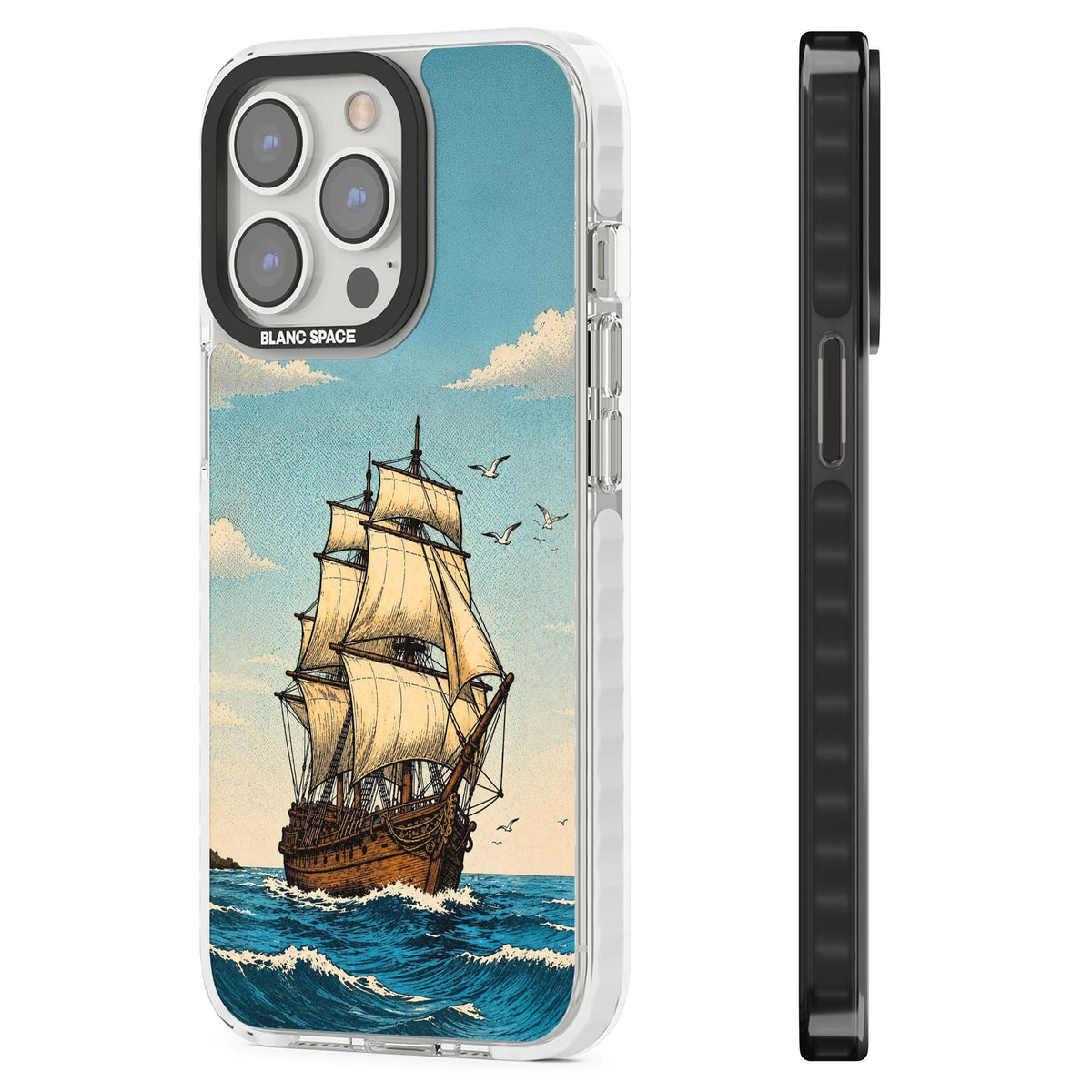 Ship at Sea nautical iPhone case featuring a vintage tall ship, ocean waves and seagulls | Impact Magsafe case for iPhone 13 Pro, iPhone 14 Pro, iPhone 15 Pro