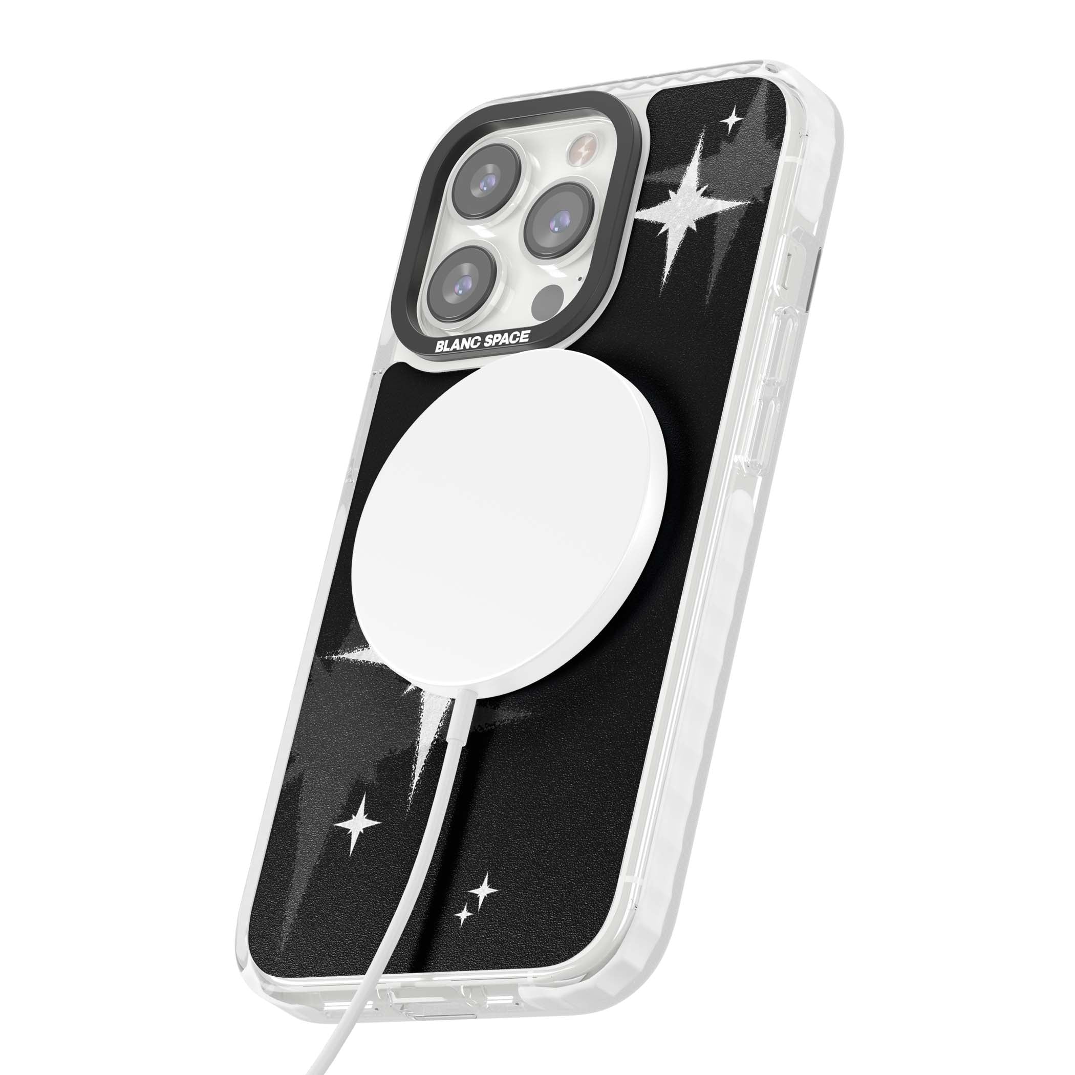 Black Sparkle celestial iPhone case featuring white sparkle stars on a black night sky background | Impact Magsafe case for iPhone 13 Pro, iPhone 14 Pro, iPhone 15 Pro