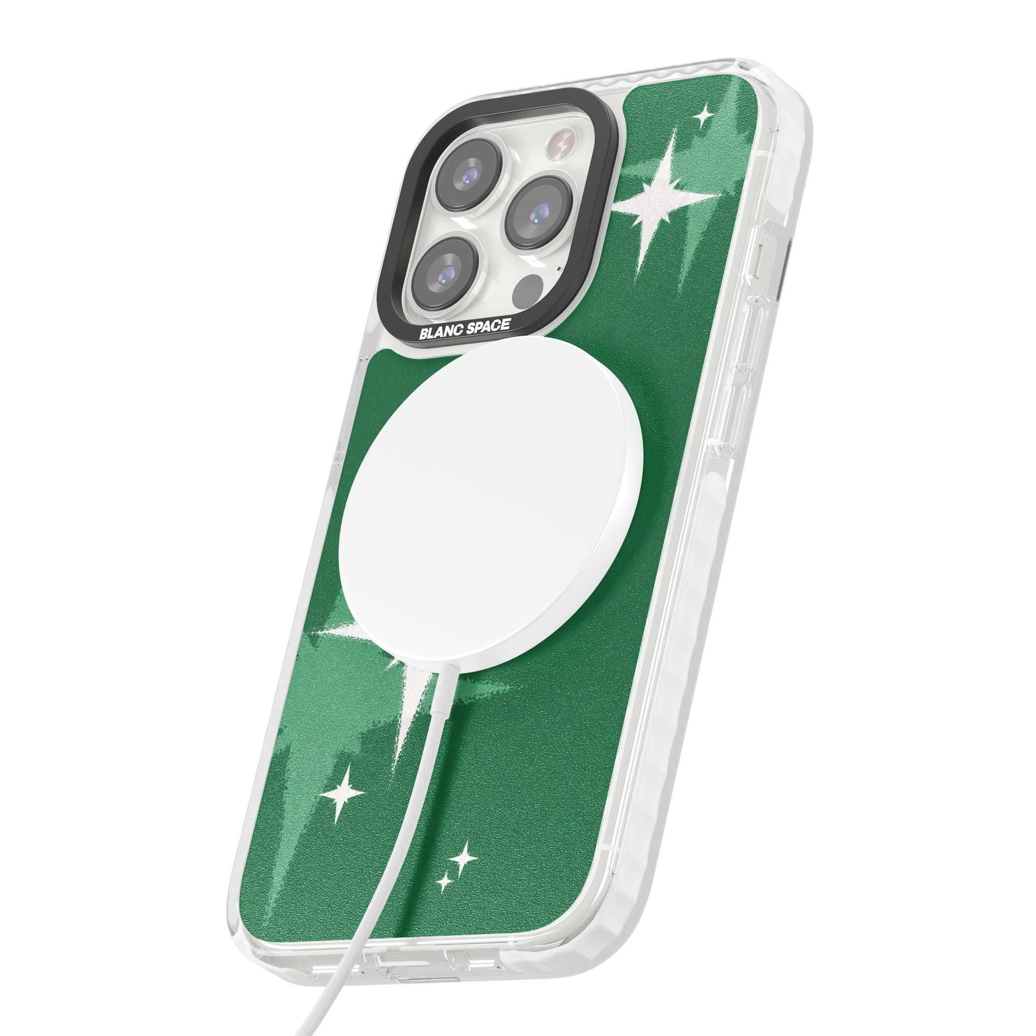 Green Sparkle celestial iPhone case featuring sparkling white four-point stars on a deep green background | Impact Magsafe case for iPhone 13 Pro, iPhone 14 Pro, iPhone 15 Pro