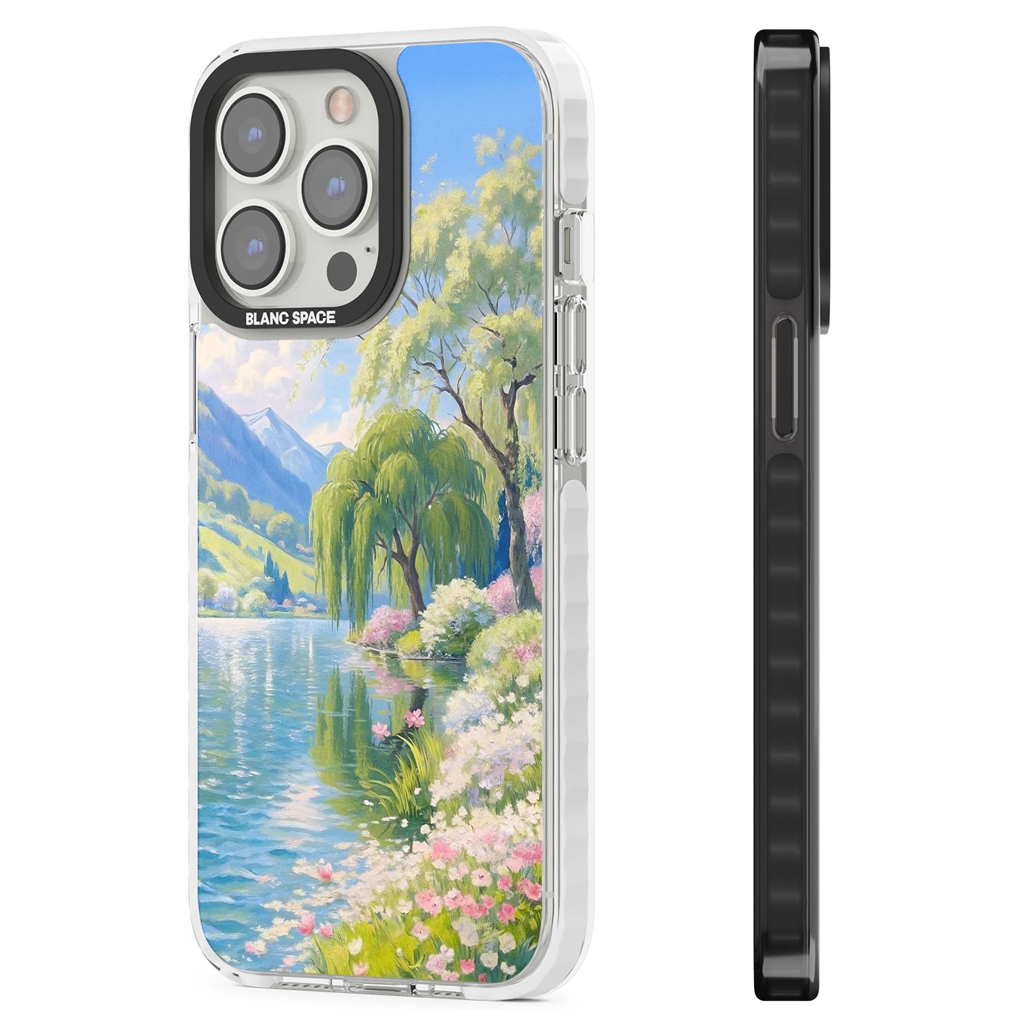 Willow Lake cottagecore iPhone case featuring a painted lakeside with weeping willow, blossoms and distant mountains | Impact Magsafe case for iPhone 13 Pro, iPhone 14 Pro, iPhone 15 Pro