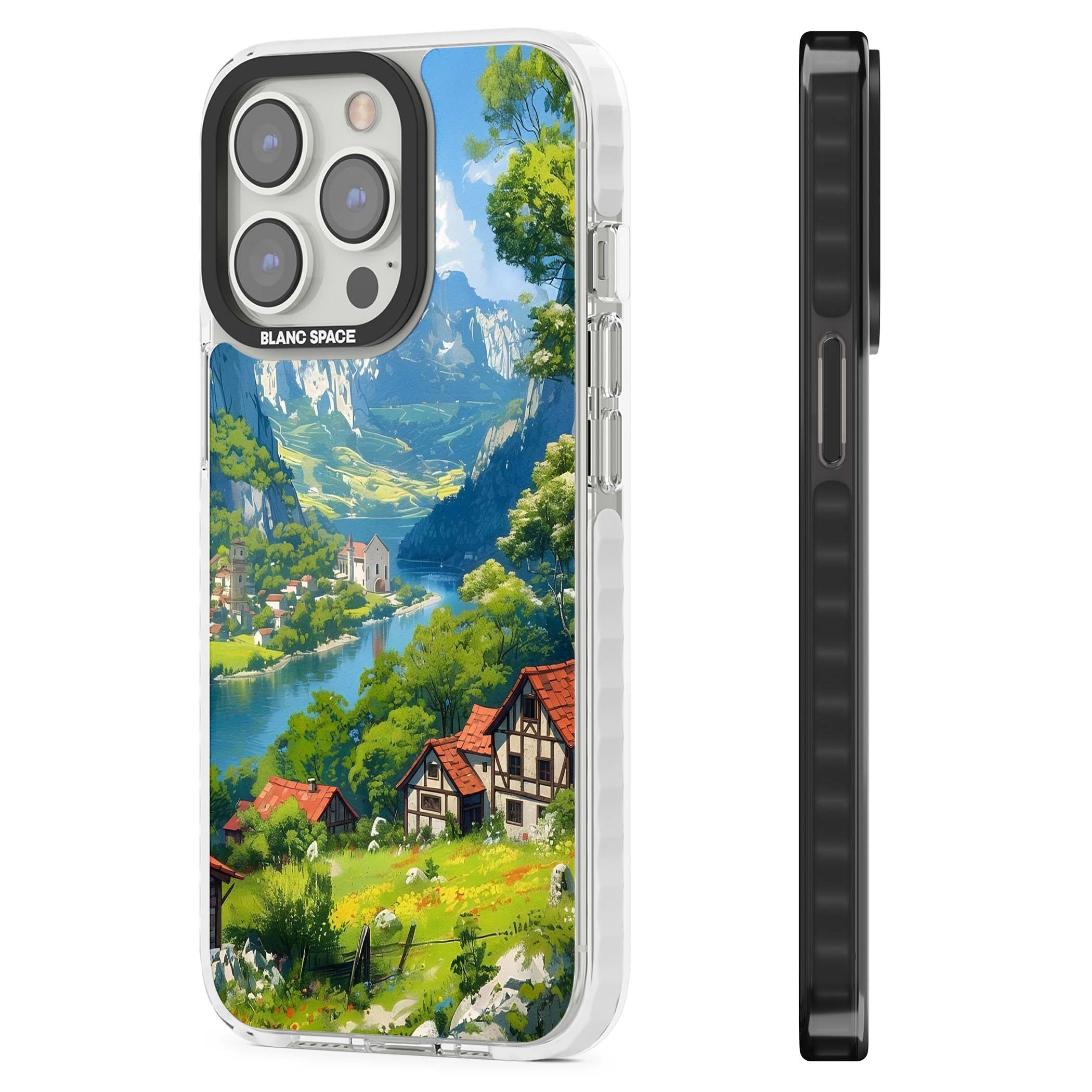 Village In The Valley anime iPhone case featuring a painted mountain village, river valley and half-timbered cottages. | Impact Magsafe case for iPhone 13 Pro, iPhone 14 Pro, iPhone 15 Pro