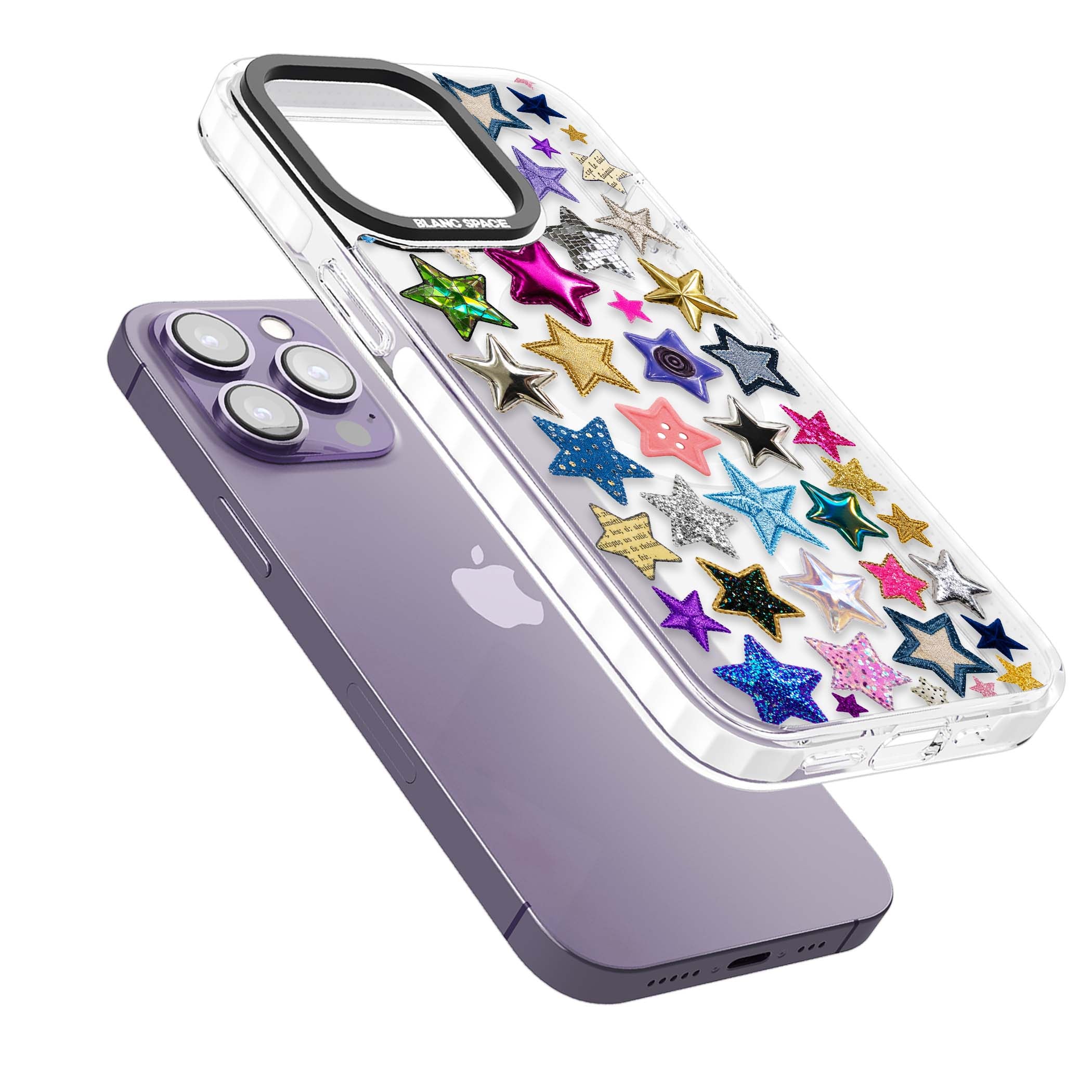 Crafty Star Mix Y2K iPhone case featuring embroidered, sequinned and glitter star patches in rainbow colours | Impact Magsafe case for iPhone 13 Pro, iPhone 14 Pro, iPhone 15 Pro