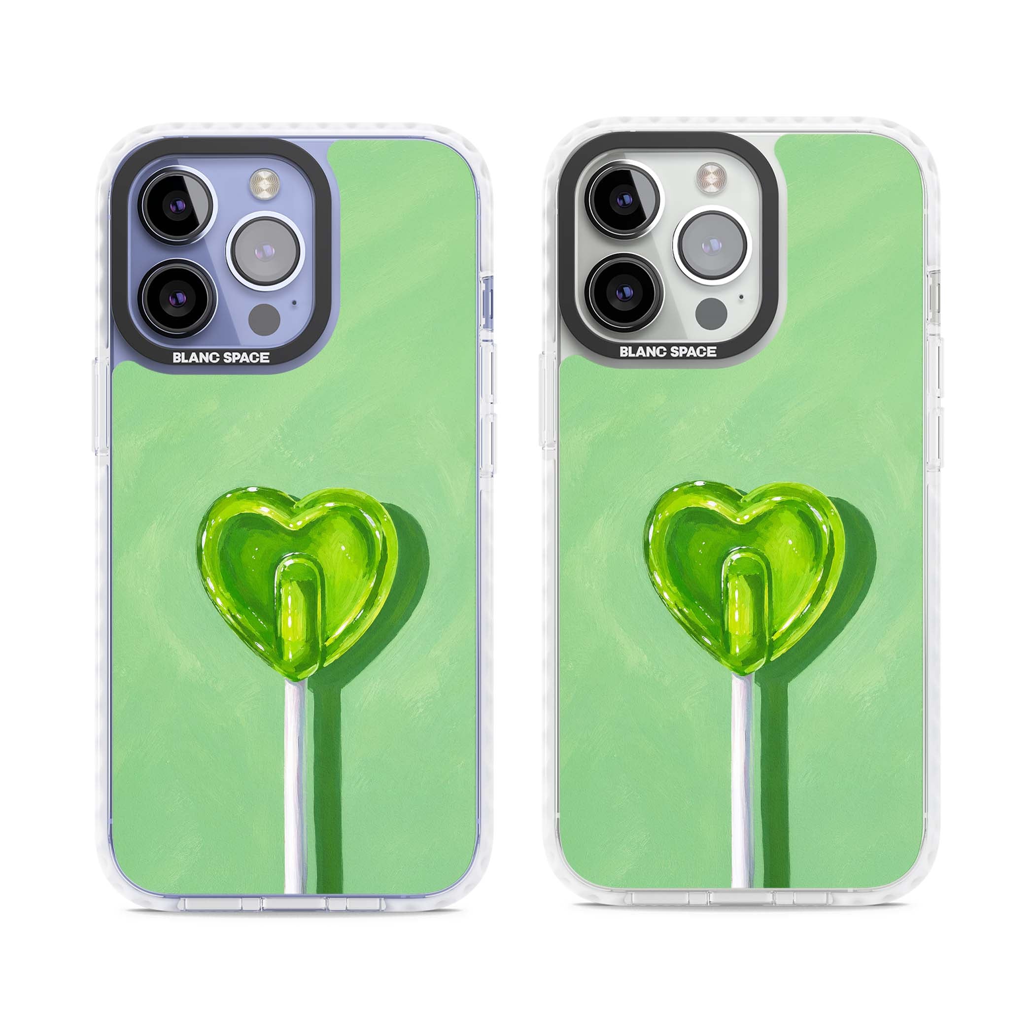 Green Lollipop candy art iPhone case featuring a glossy green heart-shaped lollipop on a painted pastel green background | Impact Magsafe case for iPhone 13 Pro, iPhone 14 Pro, iPhone 15 Pro