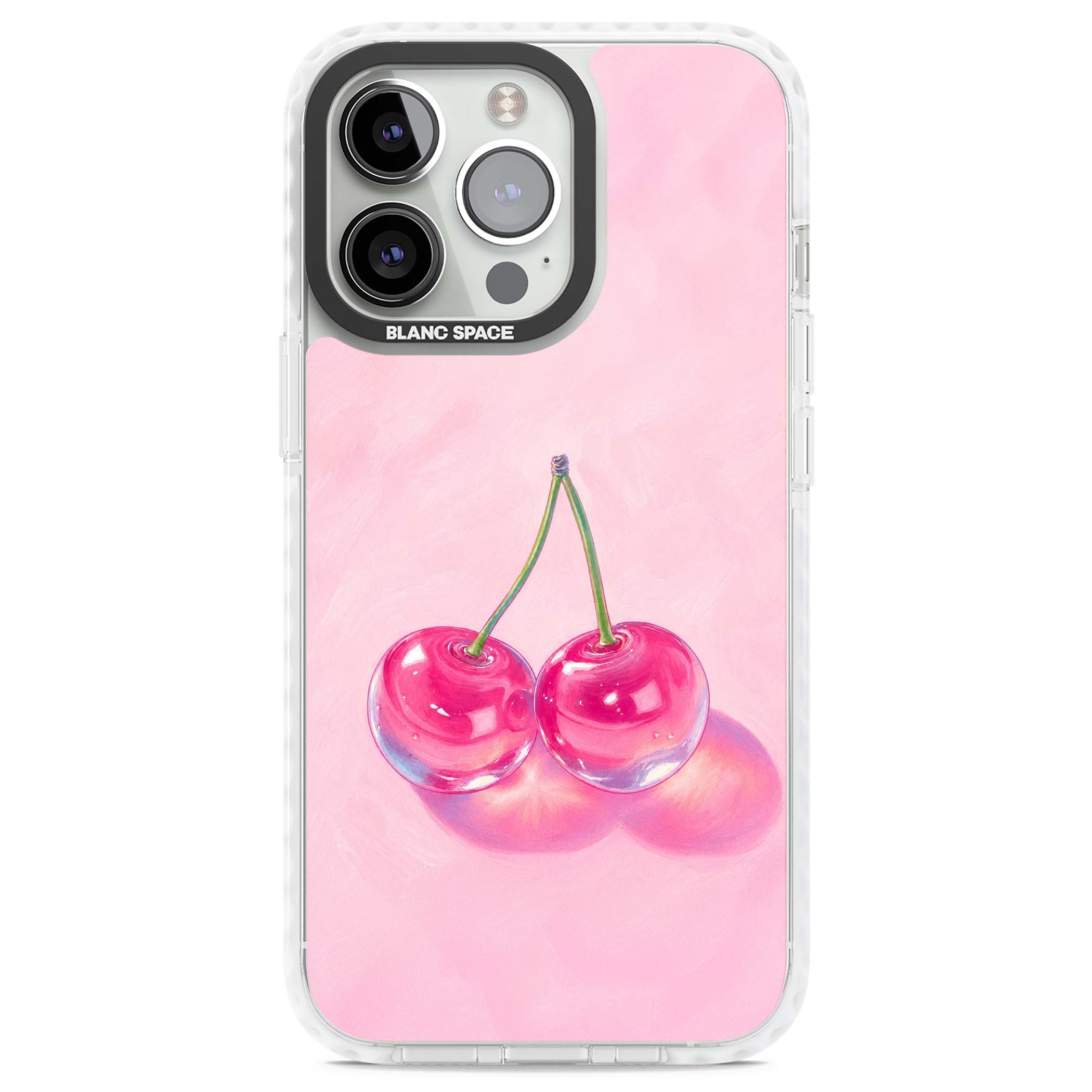 Pink Glass Cherry coquette iPhone case featuring two glossy painted cherries on a soft pink background | Impact Magsafe case for iPhone 13 Pro, iPhone 14 Pro, iPhone 15 Pro