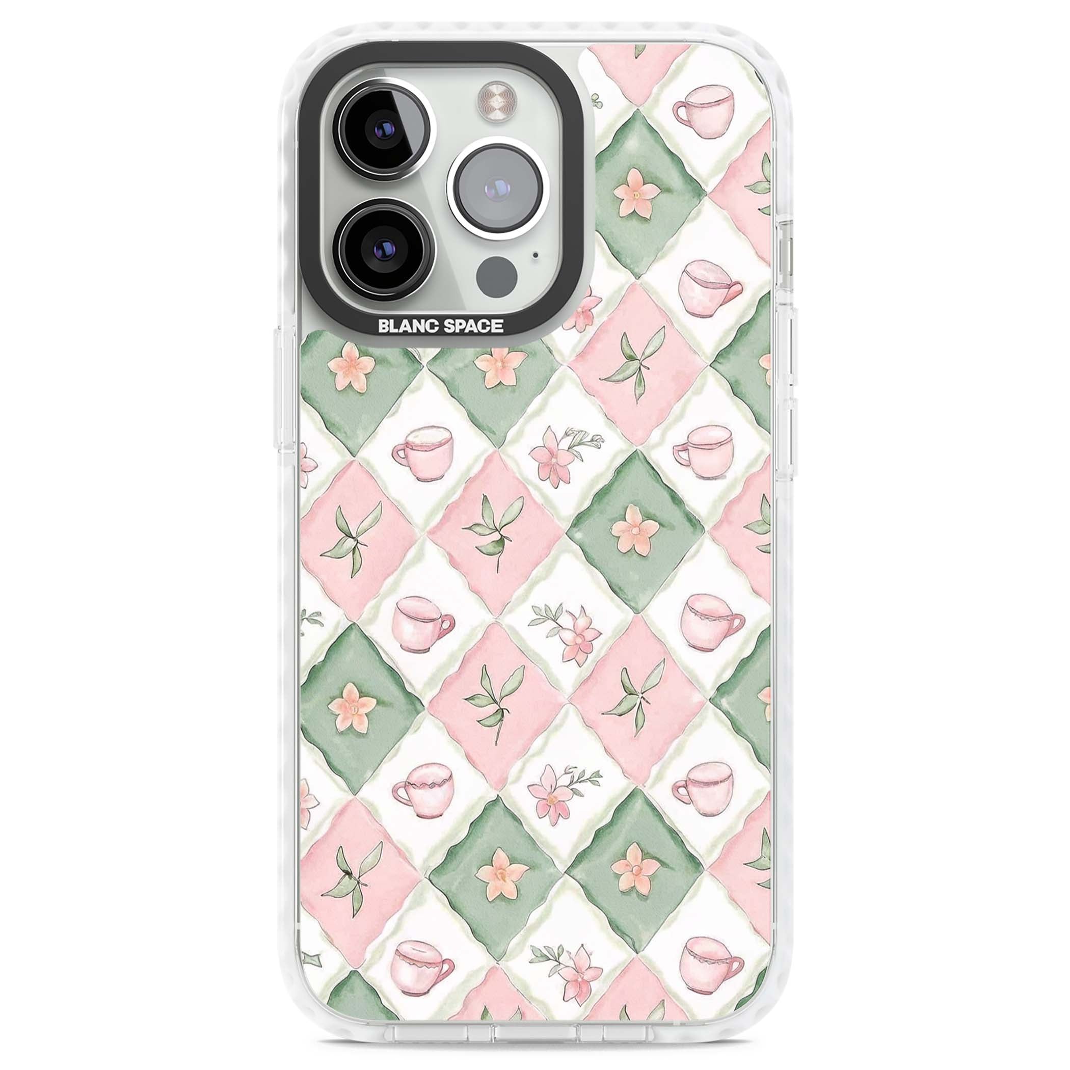 Garden Tea Party coquette iPhone case with pink and green checkered pattern, watercolour teacups and wildflowers | Impact Magsafe case for iPhone 13 Pro, iPhone 14 Pro, iPhone 15 Pro