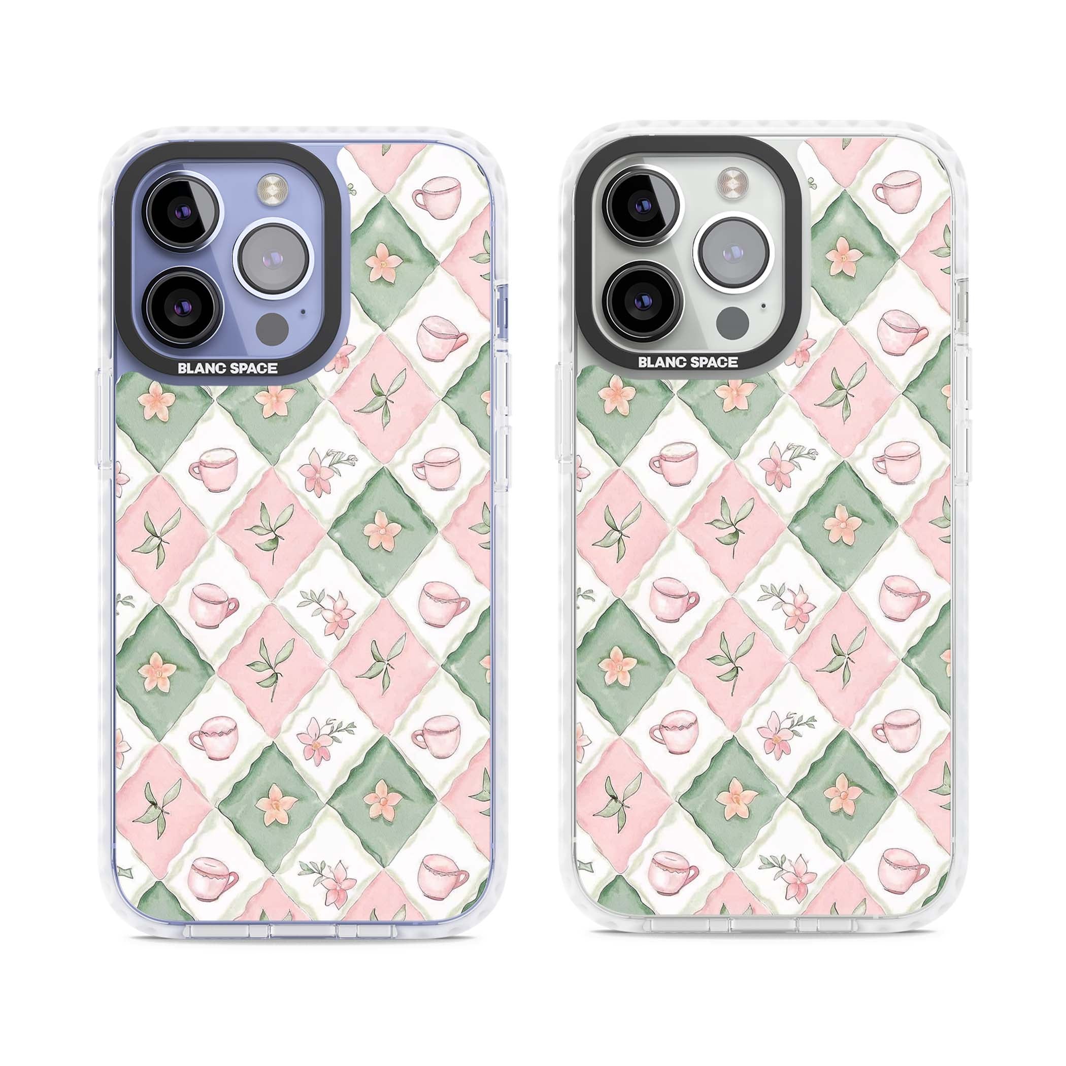 Garden Tea Party coquette iPhone case with pink and green checkered pattern, watercolour teacups and wildflowers | Impact Magsafe case for iPhone 13 Pro, iPhone 14 Pro, iPhone 15 Pro