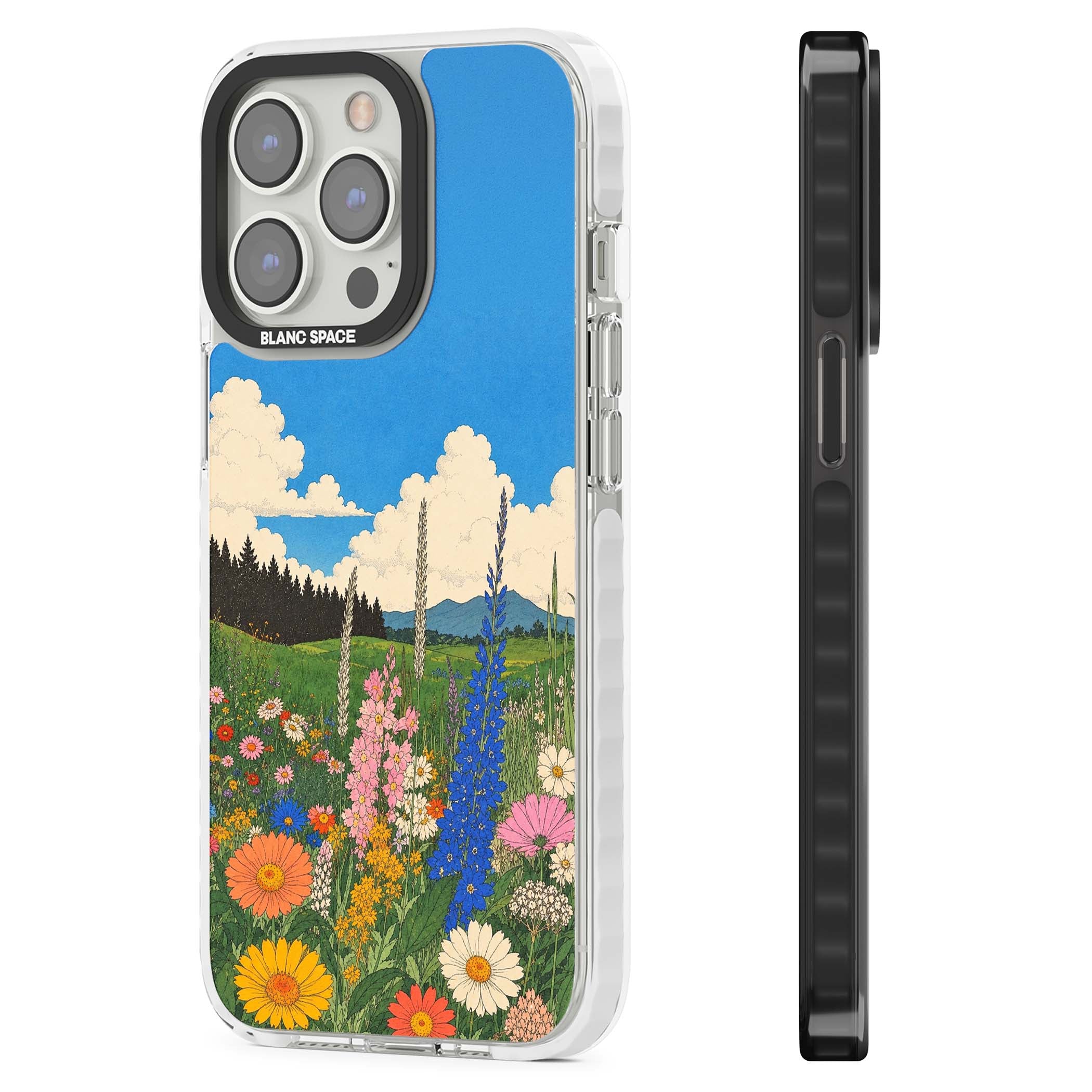 Wildbloom wildflower iPhone case featuring a vintage Japanese-style meadow landscape with daisies, delphiniums and moun | Impact Magsafe case for iPhone 13 Pro, iPhone 14 Pro, iPhone 15 Pro