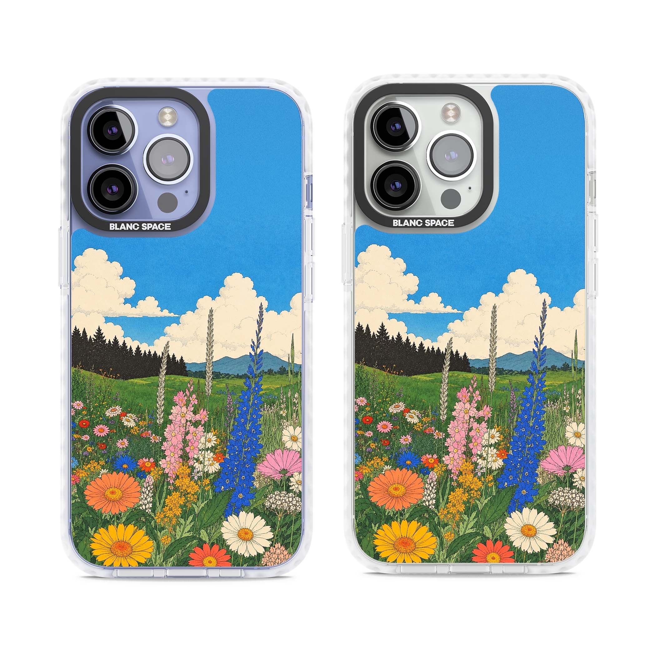 Wildbloom wildflower iPhone case featuring a vintage Japanese-style meadow landscape with daisies, delphiniums and moun | Impact Magsafe case for iPhone 13 Pro, iPhone 14 Pro, iPhone 15 Pro