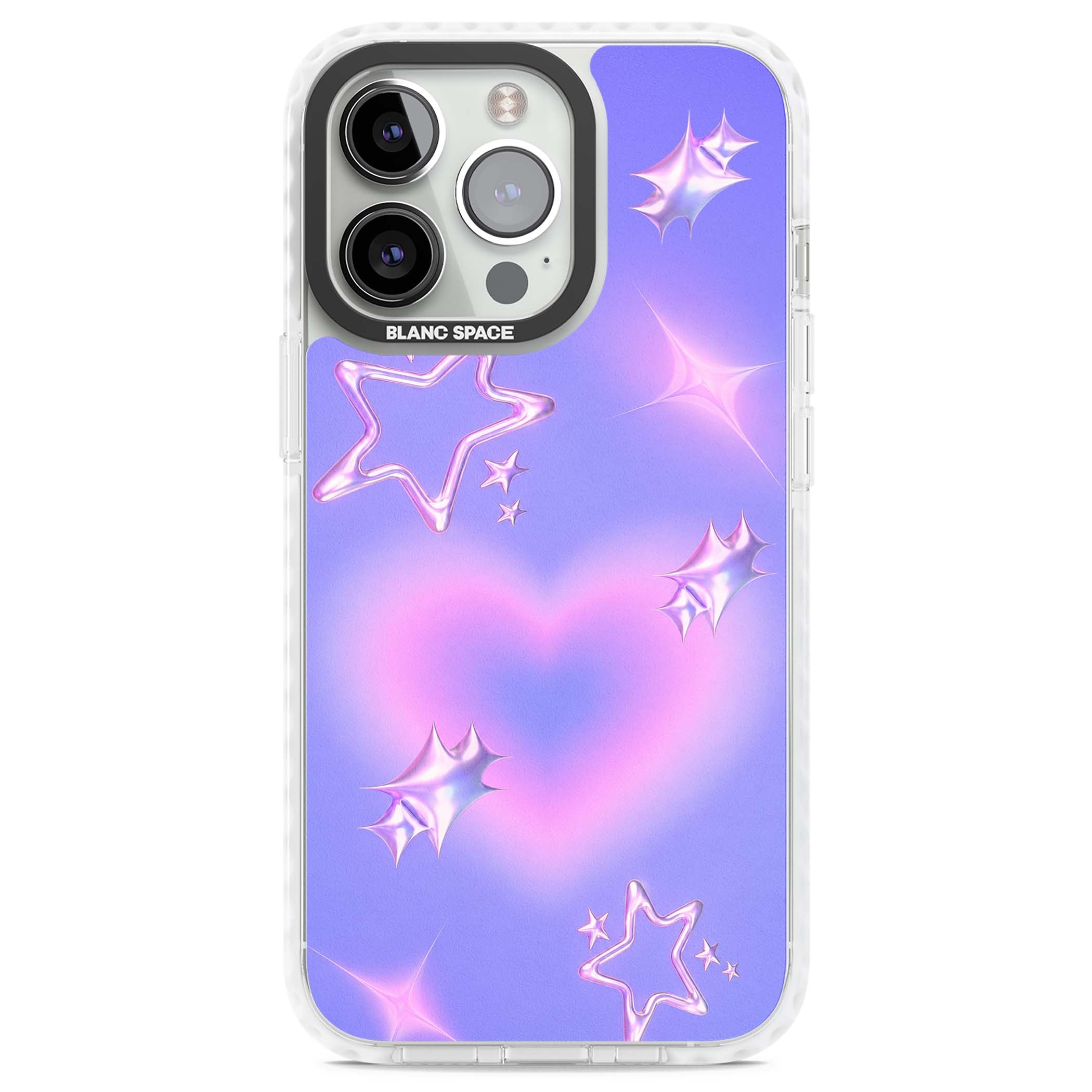Soft Sugar Y2K iPhone case featuring iridescent chrome hearts, metallic pink stars and a lavender gradient sky | Impact Magsafe case for iPhone 13 Pro, iPhone 14 Pro, iPhone 15 Pro