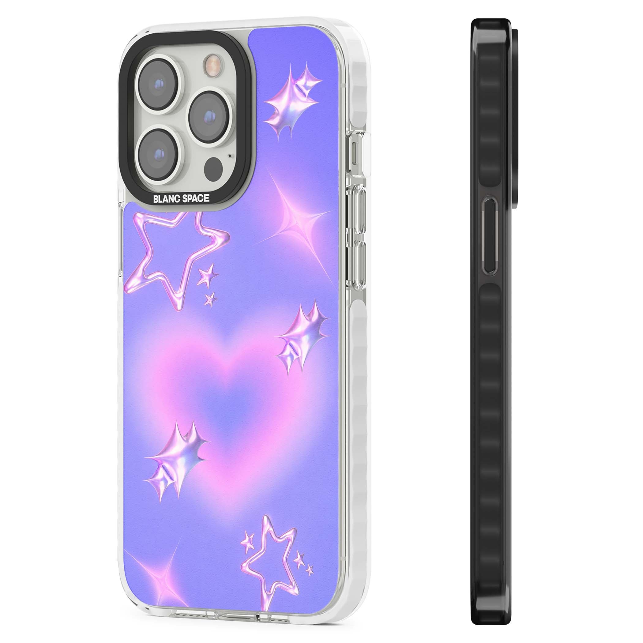 Soft Sugar Y2K iPhone case featuring iridescent chrome hearts, metallic pink stars and a lavender gradient sky | Impact Magsafe case for iPhone 13 Pro, iPhone 14 Pro, iPhone 15 Pro