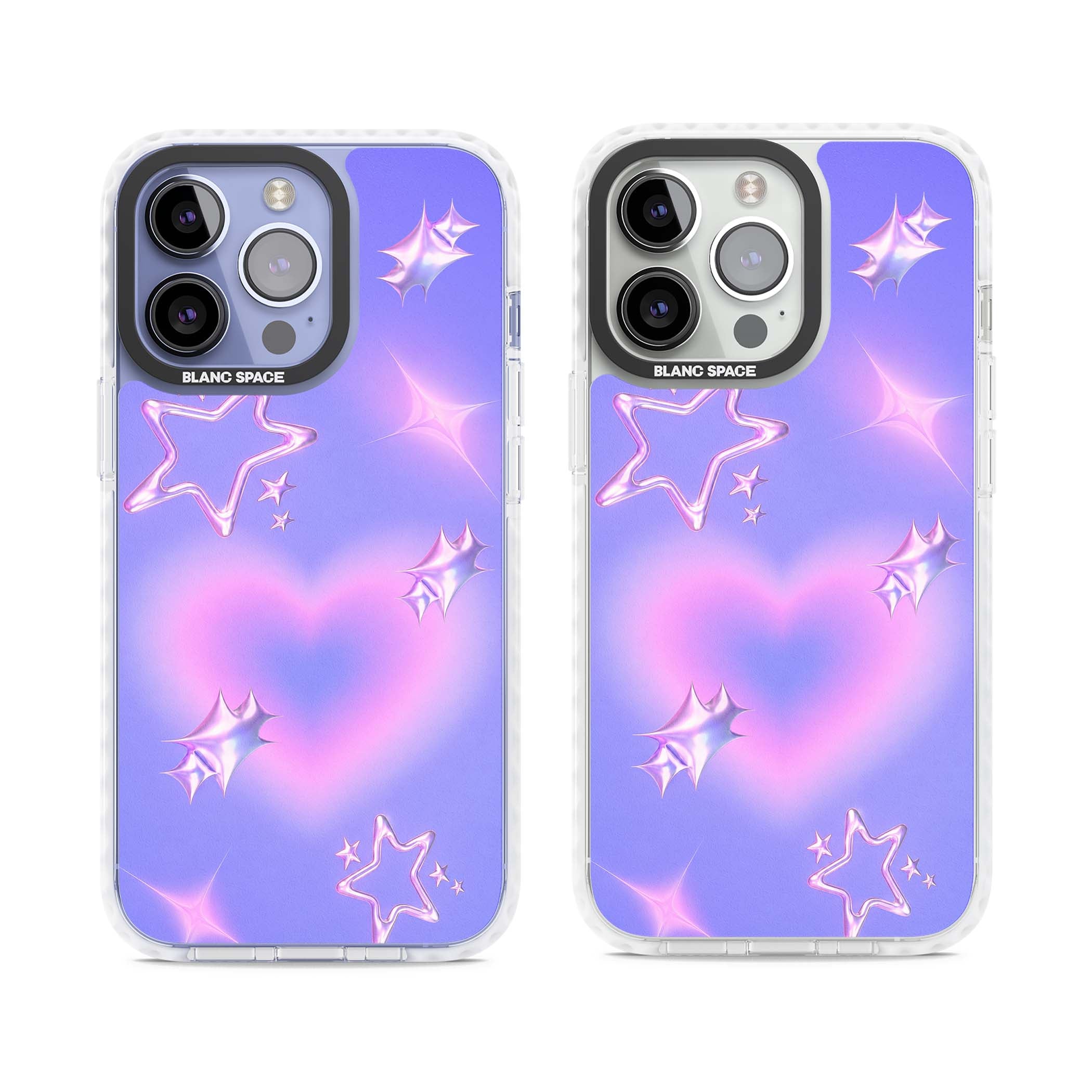 Soft Sugar Y2K iPhone case featuring iridescent chrome hearts, metallic pink stars and a lavender gradient sky | Impact Magsafe case for iPhone 13 Pro, iPhone 14 Pro, iPhone 15 Pro