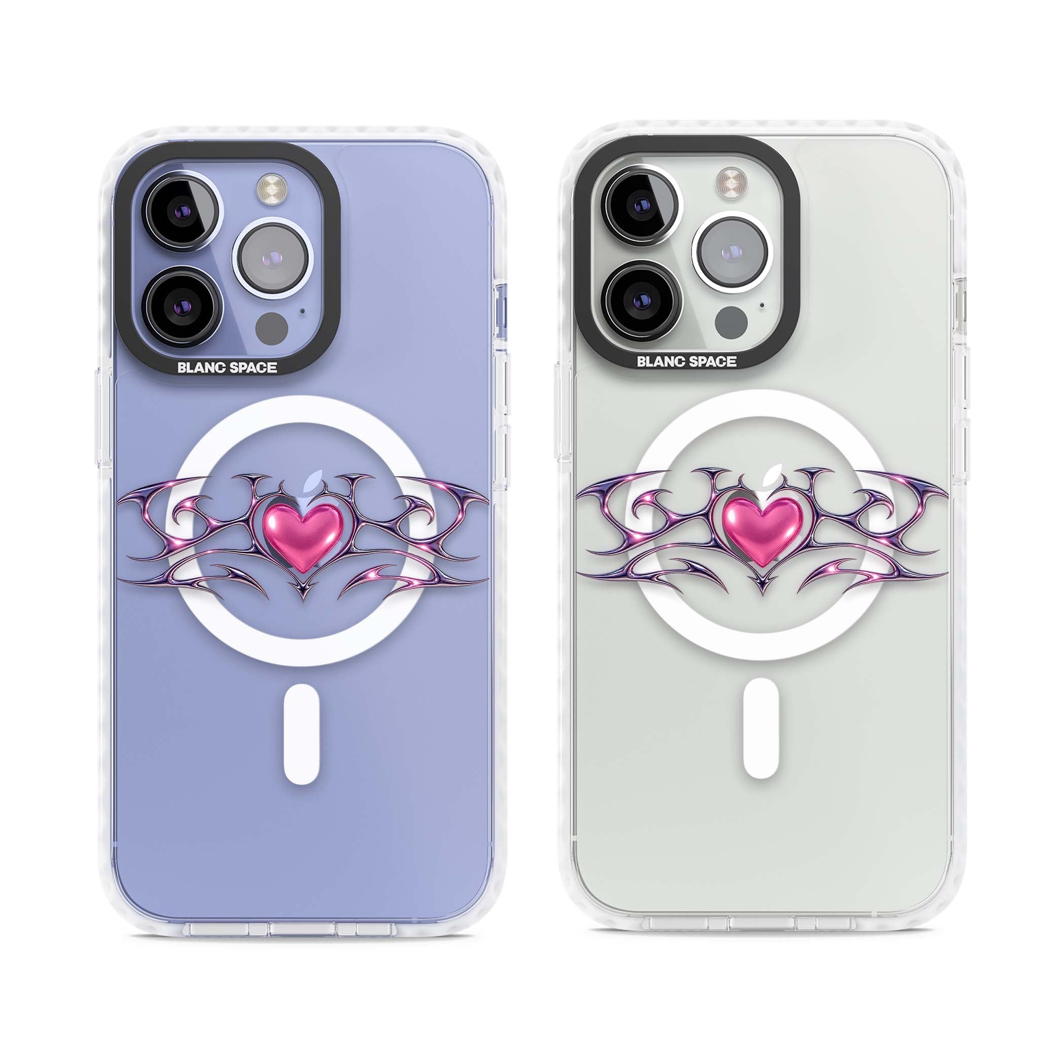 Pink Chrome Heart y2k iPhone case | Impact Magsafe case for iPhone 13 Pro, iPhone 14 Pro, iPhone 15 Pro