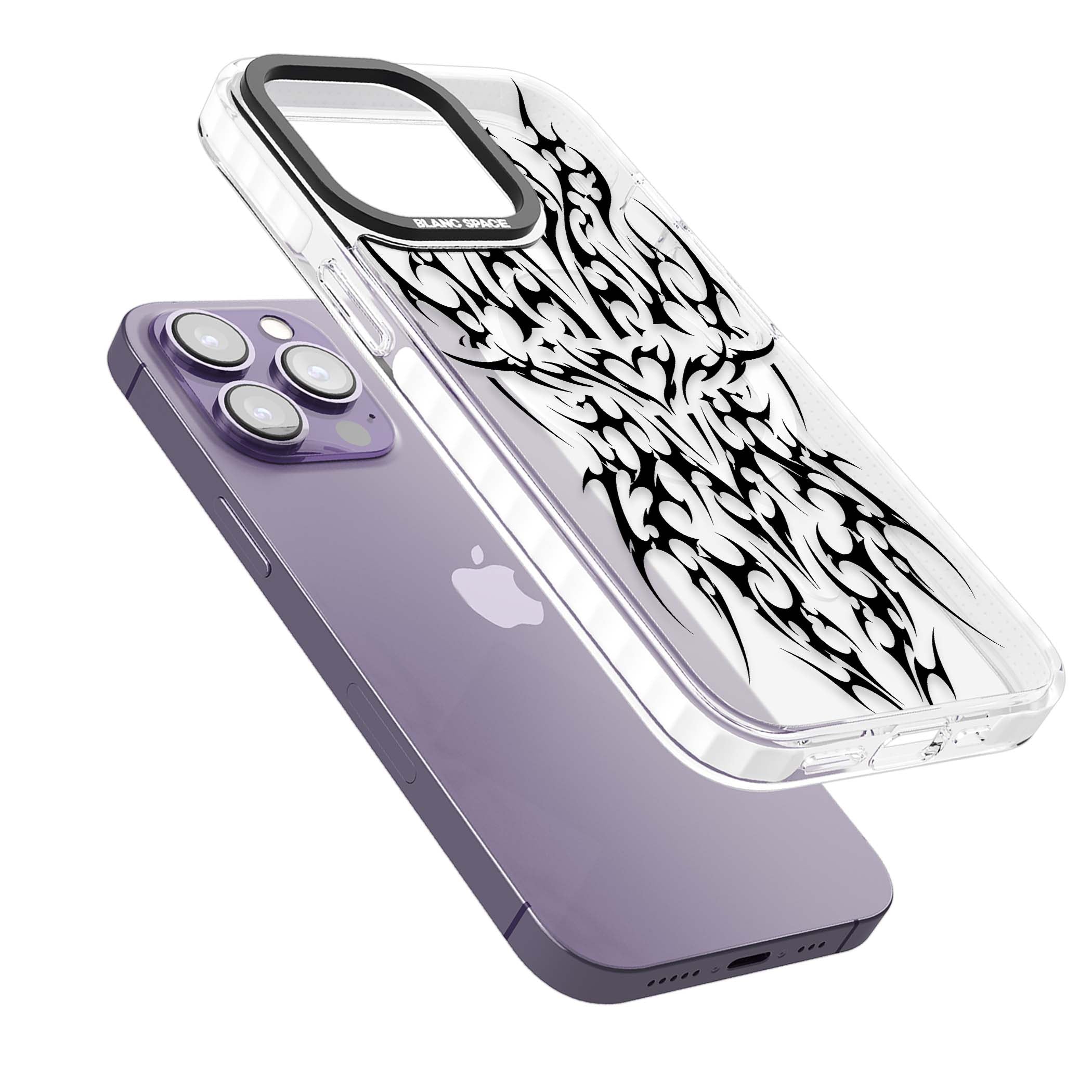 Neo Tribal Heart gothic iPhone case featuring symmetrical black tribal tattoo art with sharp thorn-like linework | Impact Magsafe case for iPhone 13 Pro, iPhone 14 Pro, iPhone 15 Pro