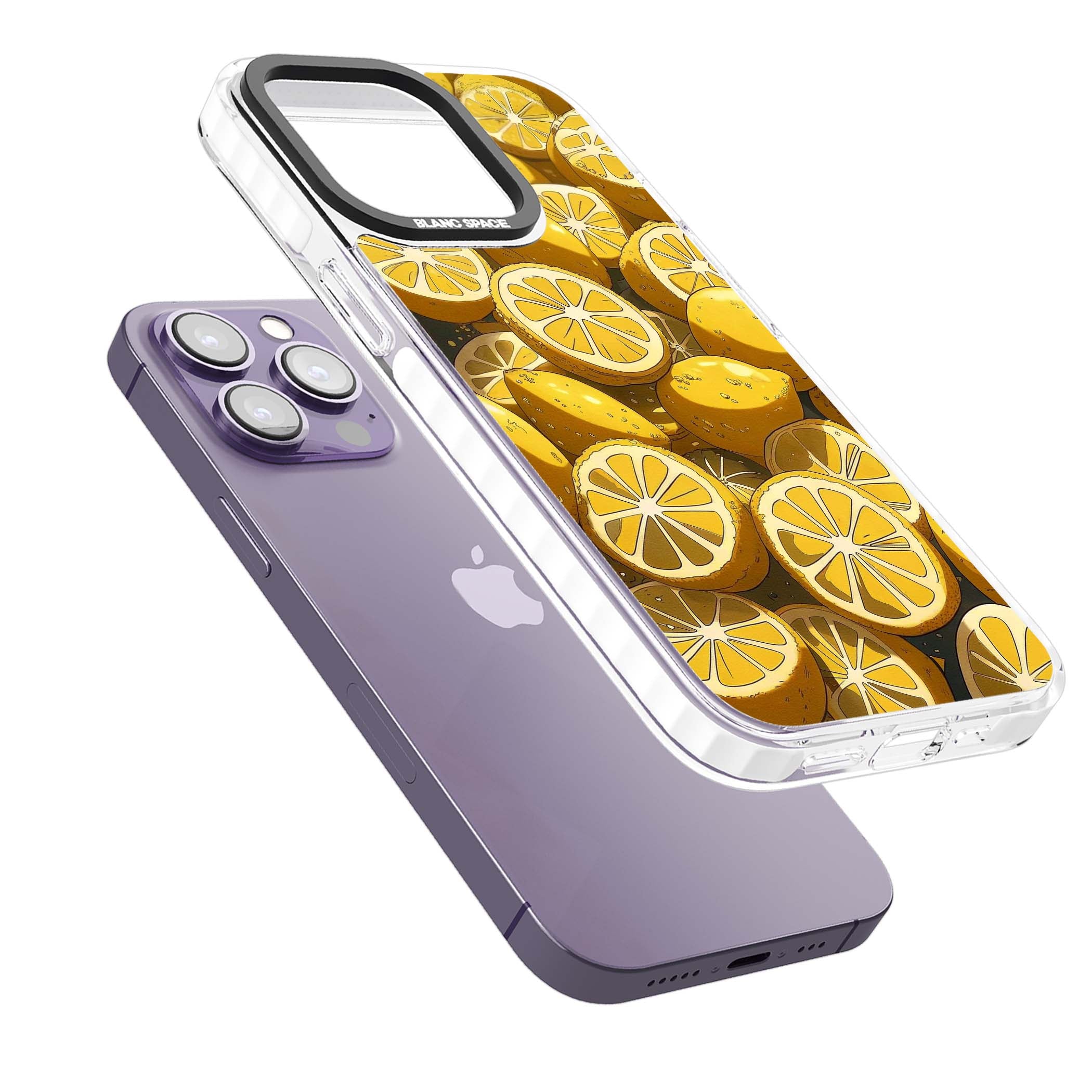 Zesty coastal iPhone case featuring illustrated Mediterranean lemons and citrus slices in golden yellow | Impact Magsafe case for iPhone 13 Pro, iPhone 14 Pro, iPhone 15 Pro