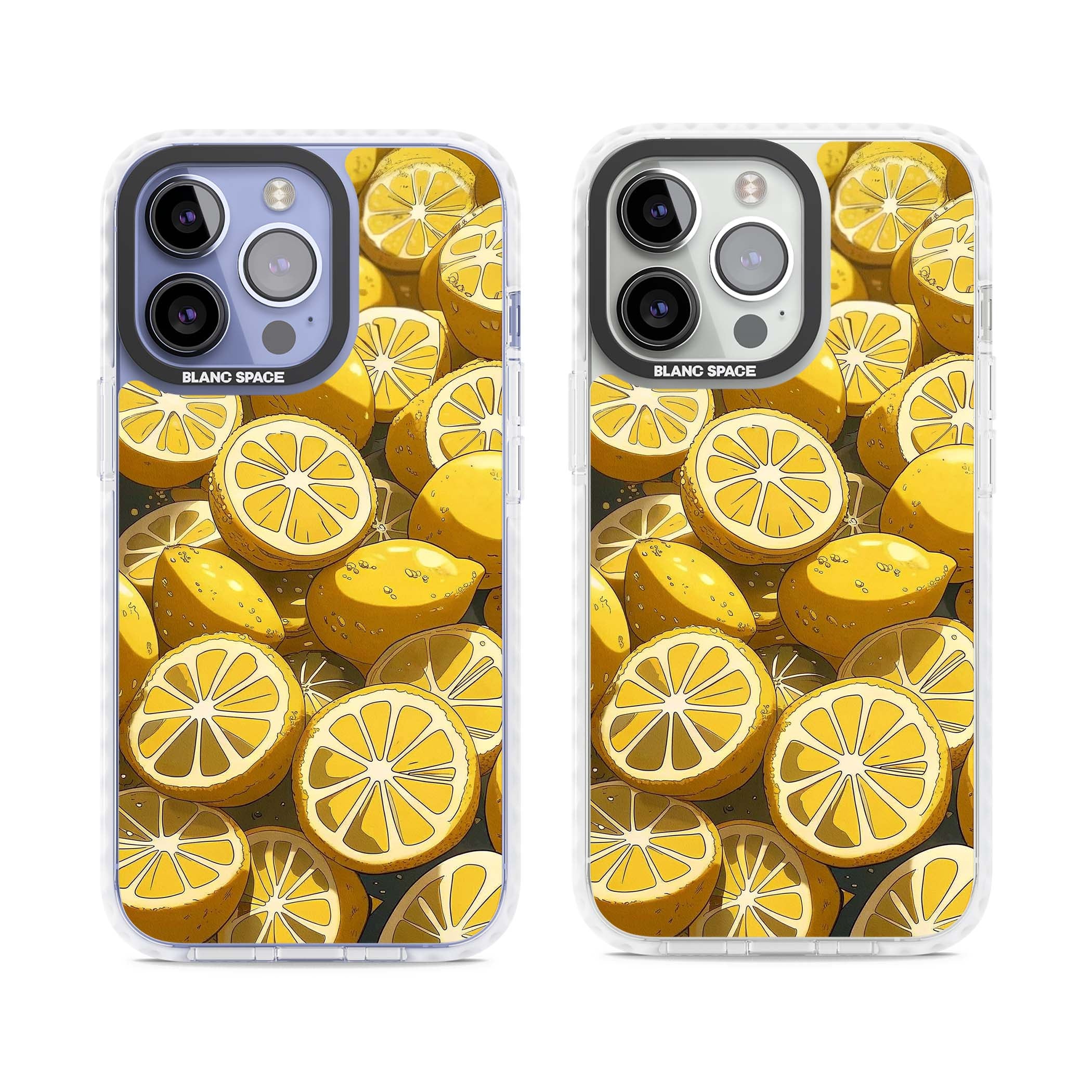Zesty coastal iPhone case featuring illustrated Mediterranean lemons and citrus slices in golden yellow | Impact Magsafe case for iPhone 13 Pro, iPhone 14 Pro, iPhone 15 Pro