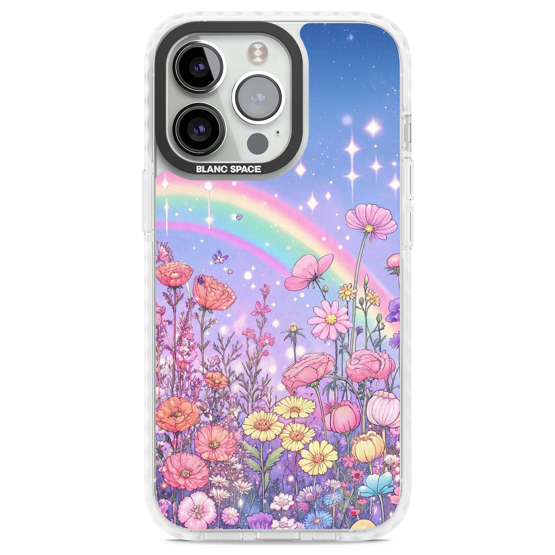 Magical Meadow fairycore iPhone case featuring a pastel rainbow, sparkling stars and a wildflower meadow | Clear Impact case for iPhone 13 Pro, iPhone 14 Pro, iPhone 15 Pro