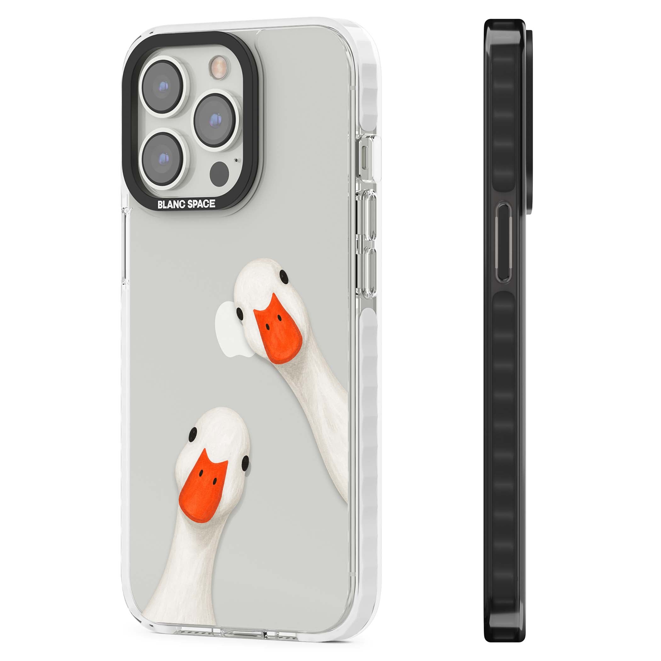 Nosy Ducks cottagecore iPhone case featuring two peeking white ducks with orange beaks on a clear background | Clear Impact case for iPhone 13 Pro, iPhone 14 Pro, iPhone 15 Pro