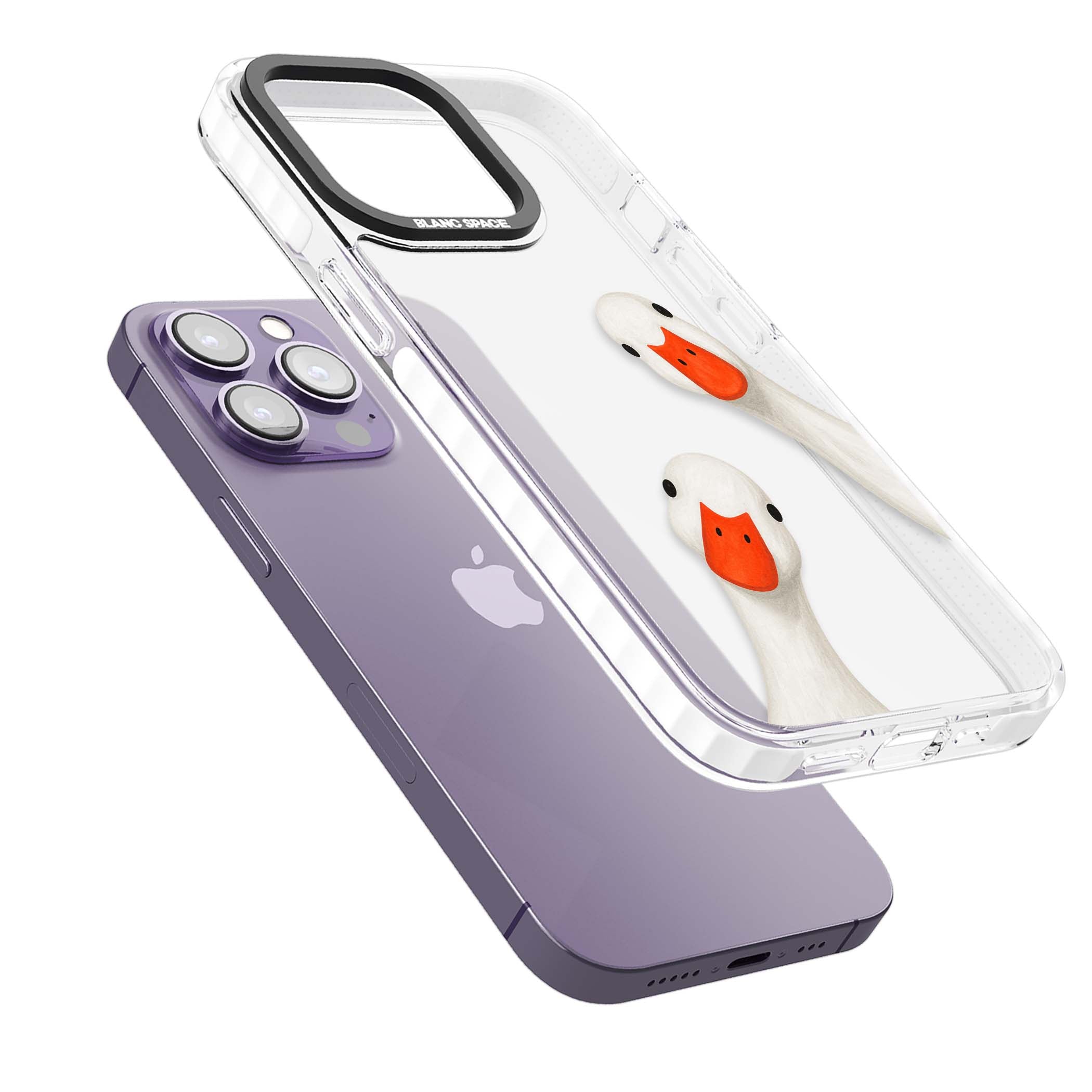 Nosy Ducks cottagecore iPhone case featuring two peeking white ducks with orange beaks on a clear background | Clear Impact case for iPhone 13 Pro, iPhone 14 Pro, iPhone 15 Pro