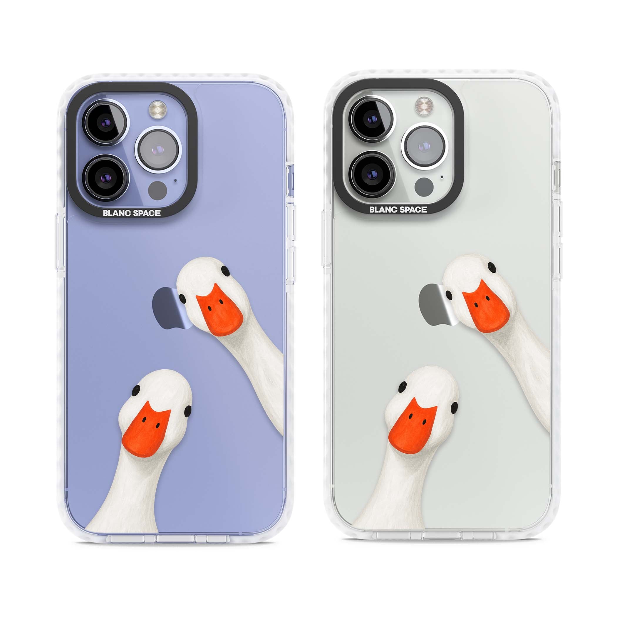 Nosy Ducks cottagecore iPhone case featuring two peeking white ducks with orange beaks on a clear background | Clear Impact case for iPhone 13 Pro, iPhone 14 Pro, iPhone 15 Pro