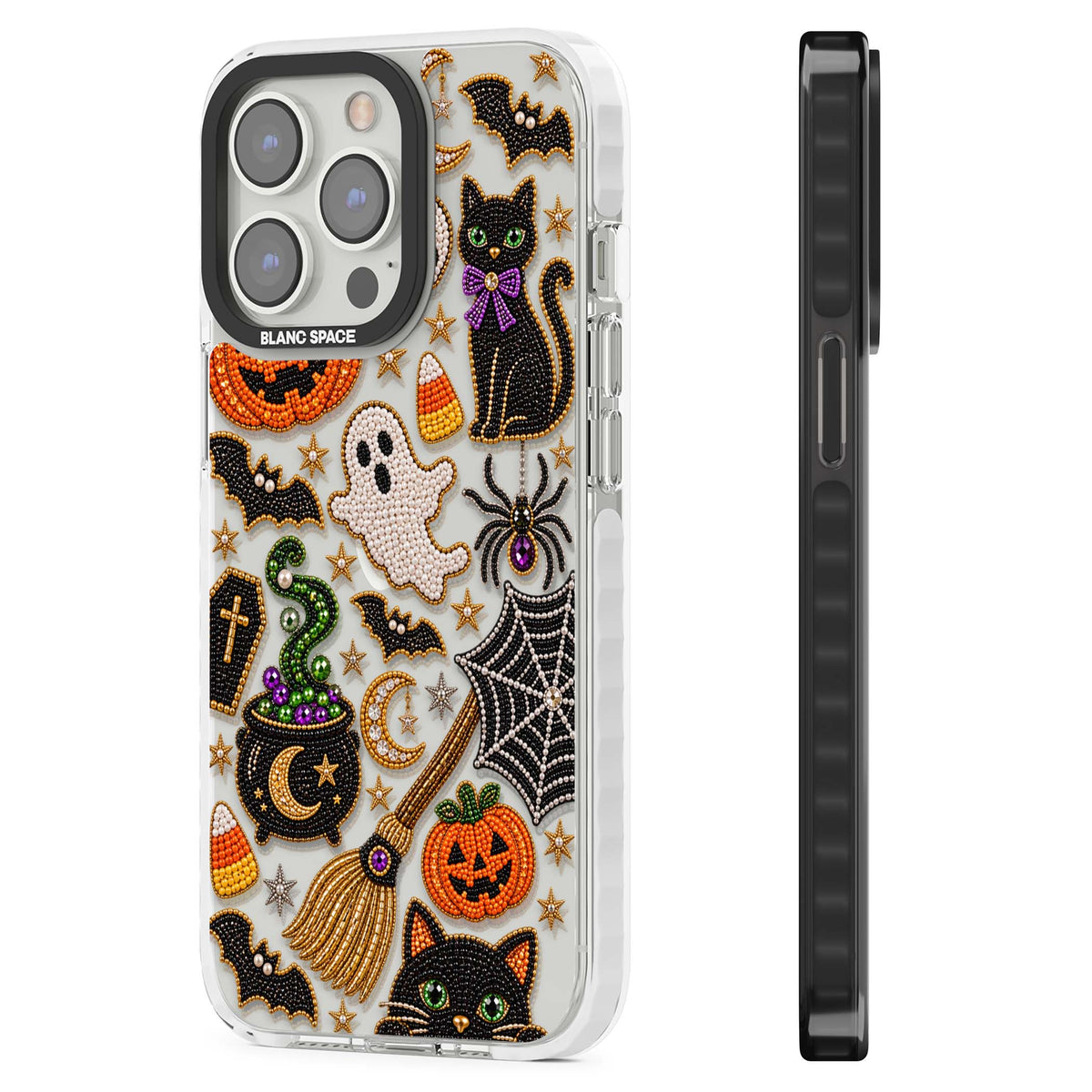 Beaded Halloween Halloween iPhone case featuring beaded pumpkins, ghosts, black cats and bats | Clear Impact case for iPhone 13 Pro, iPhone 14 Pro, iPhone 15 Pro