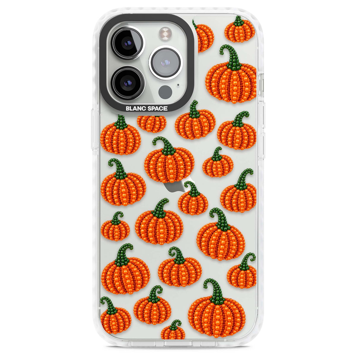 Beaded Pumpkins halloween iPhone case featuring beaded orange pumpkins with green stems on a clear background | Clear Impact case for iPhone 13 Pro, iPhone 14 Pro, iPhone 15 Pro
