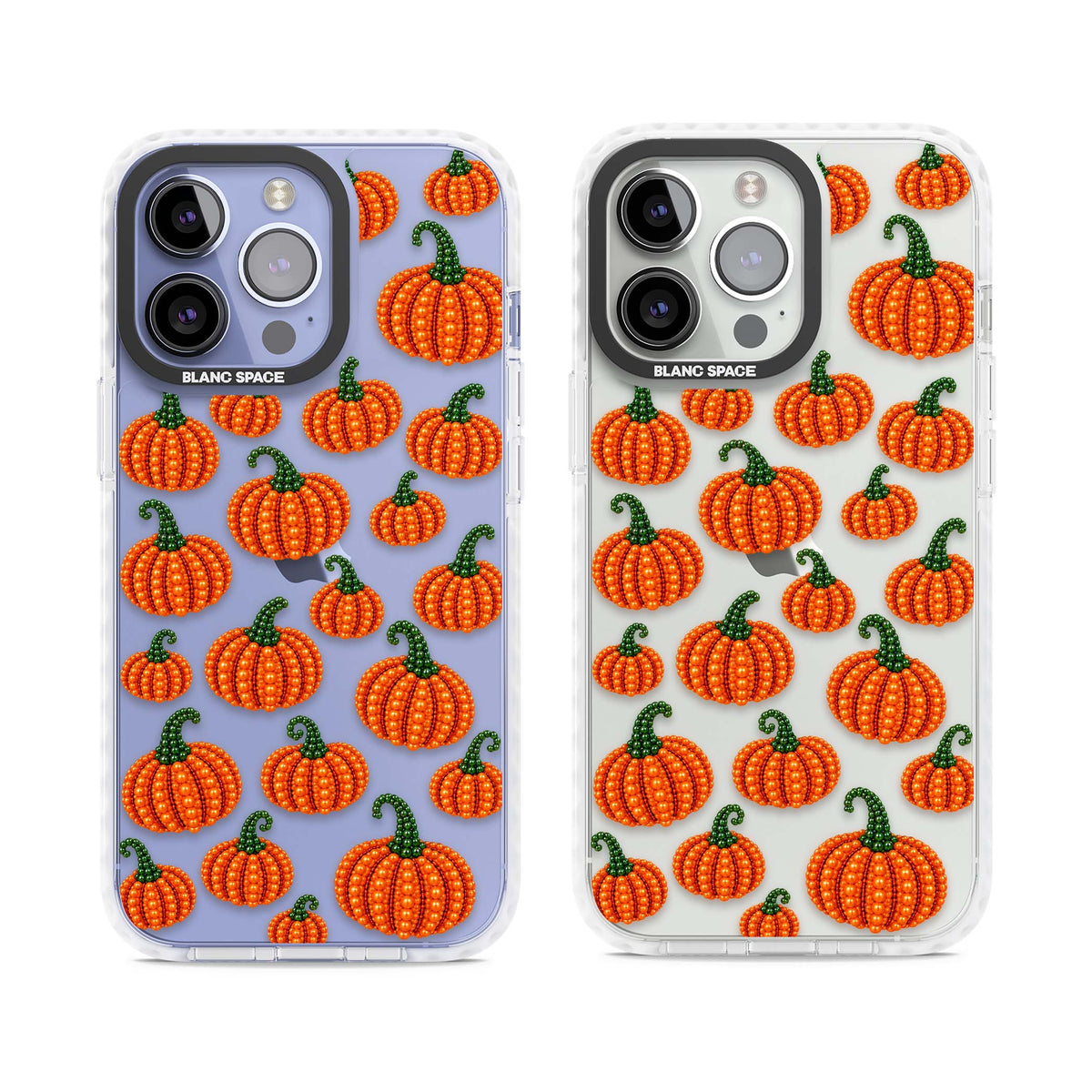 Beaded Pumpkins halloween iPhone case featuring beaded orange pumpkins with green stems on a clear background | Clear Impact case for iPhone 13 Pro, iPhone 14 Pro, iPhone 15 Pro