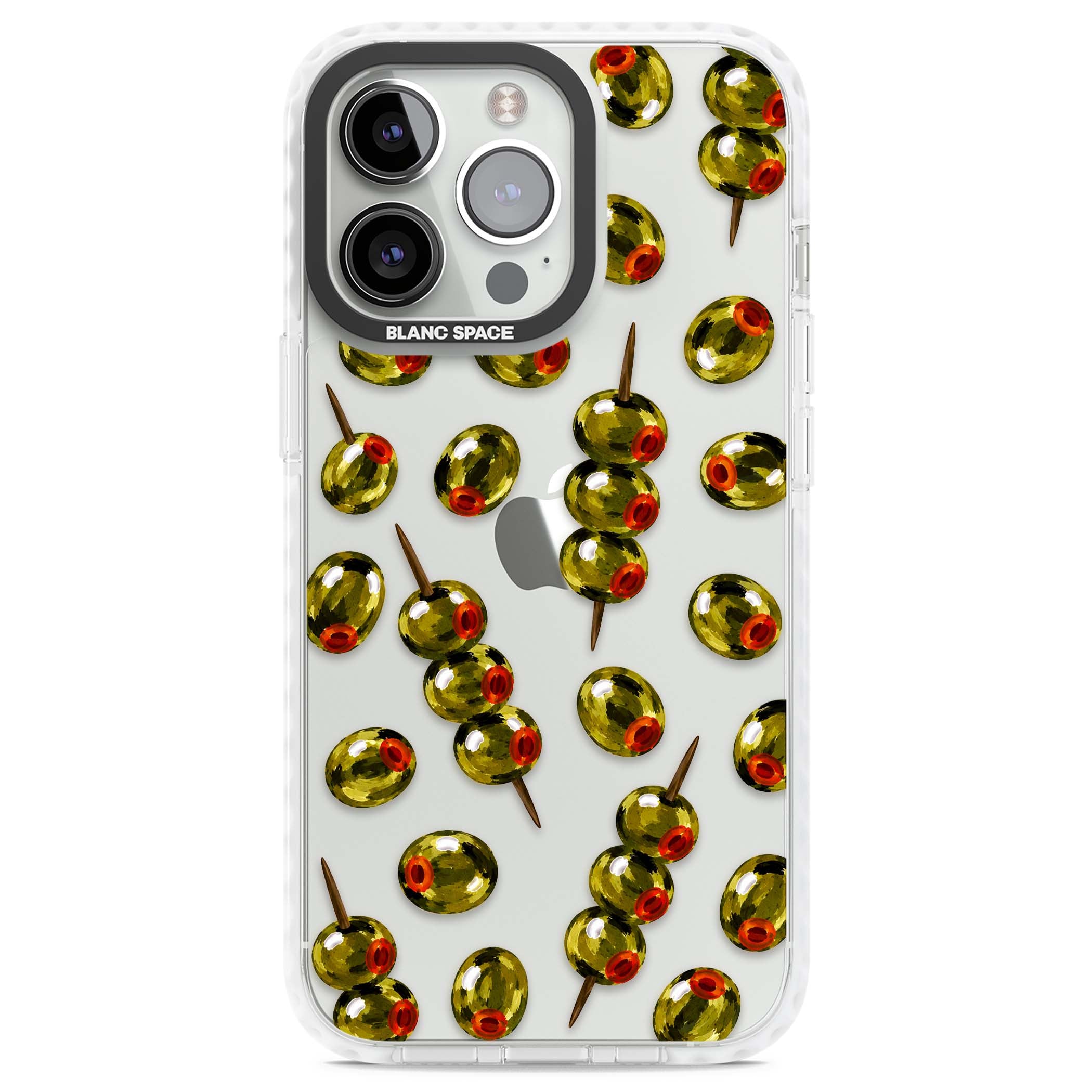 Painted Olives cocktail iPhone case featuring green olives, pimento centres and toothpick skewers on a clear background | Clear Impact case for iPhone 13 Pro, iPhone 14 Pro, iPhone 15 Pro