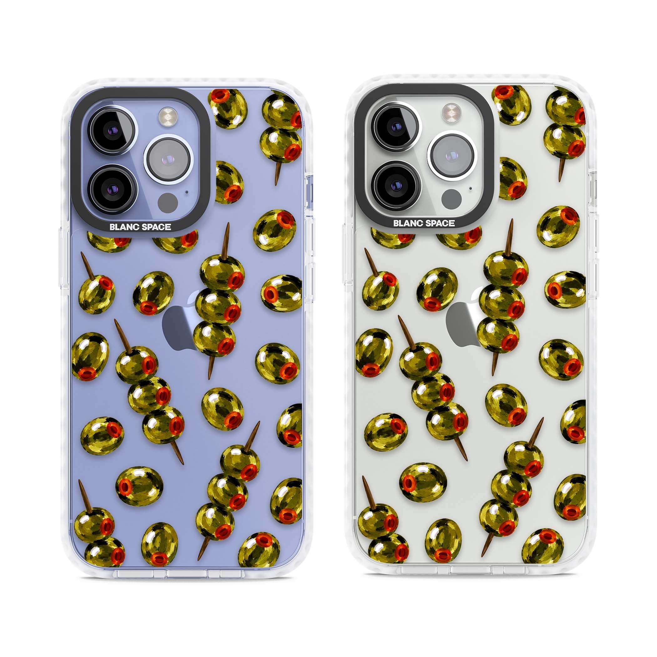 Painted Olives cocktail iPhone case featuring green olives, pimento centres and toothpick skewers on a clear background | Clear Impact case for iPhone 13 Pro, iPhone 14 Pro, iPhone 15 Pro