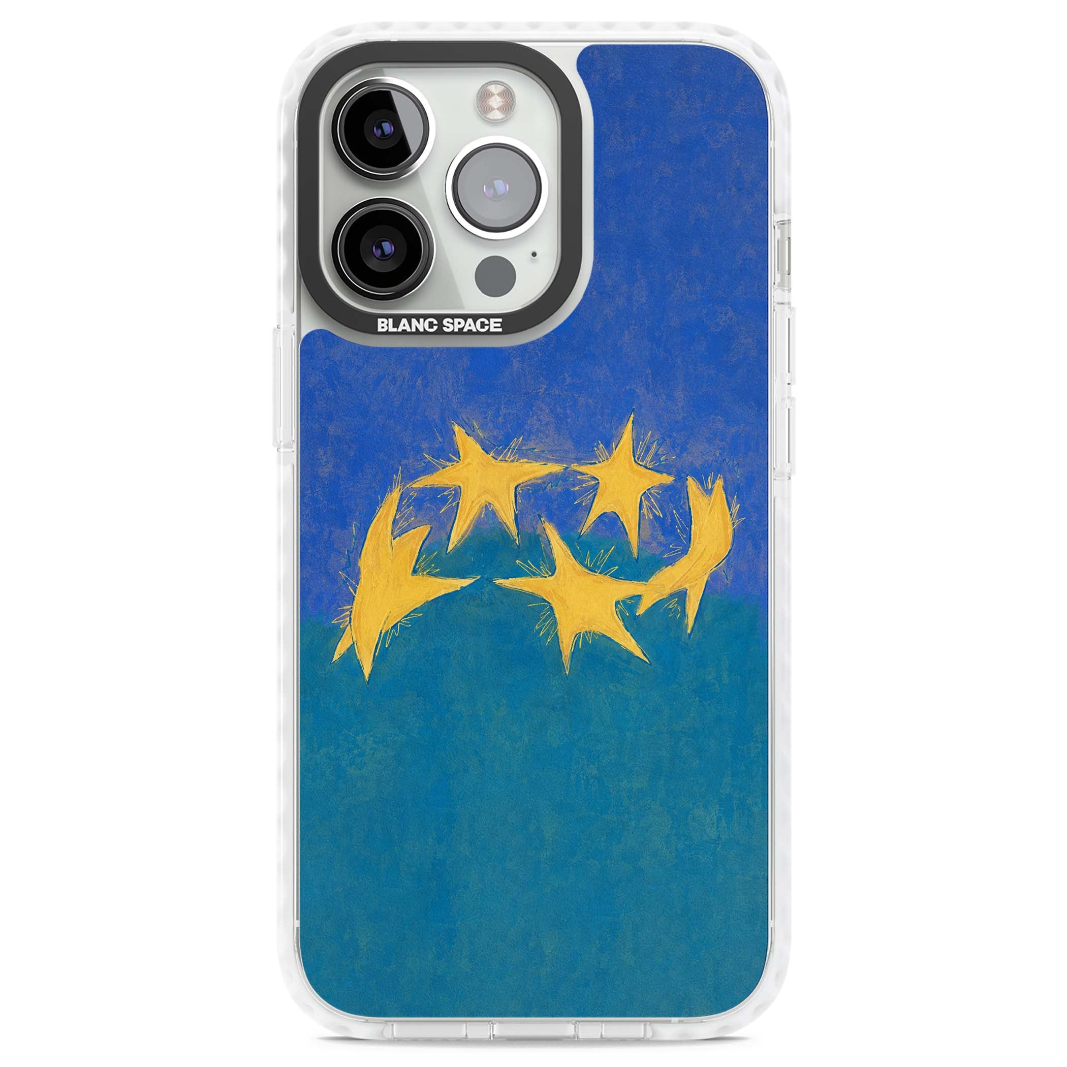Star Boogie stars aesthetic iPhone case featuring five yellow hand-painted stars on cobalt blue and teal | Clear Impact case for iPhone 13 Pro, iPhone 14 Pro, iPhone 15 Pro