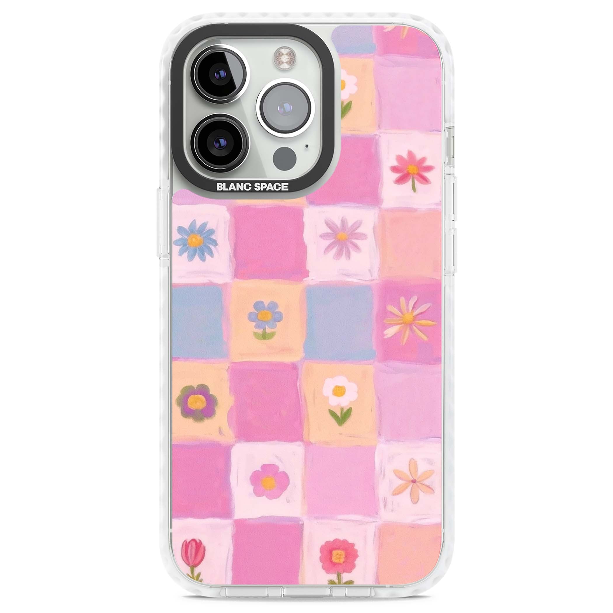 Pastel Flower Patchwork cottagecore iPhone case featuring painted pink and lilac squares with daisies and wildflowers | Clear Impact case for iPhone 13 Pro, iPhone 14 Pro, iPhone 15 Pro