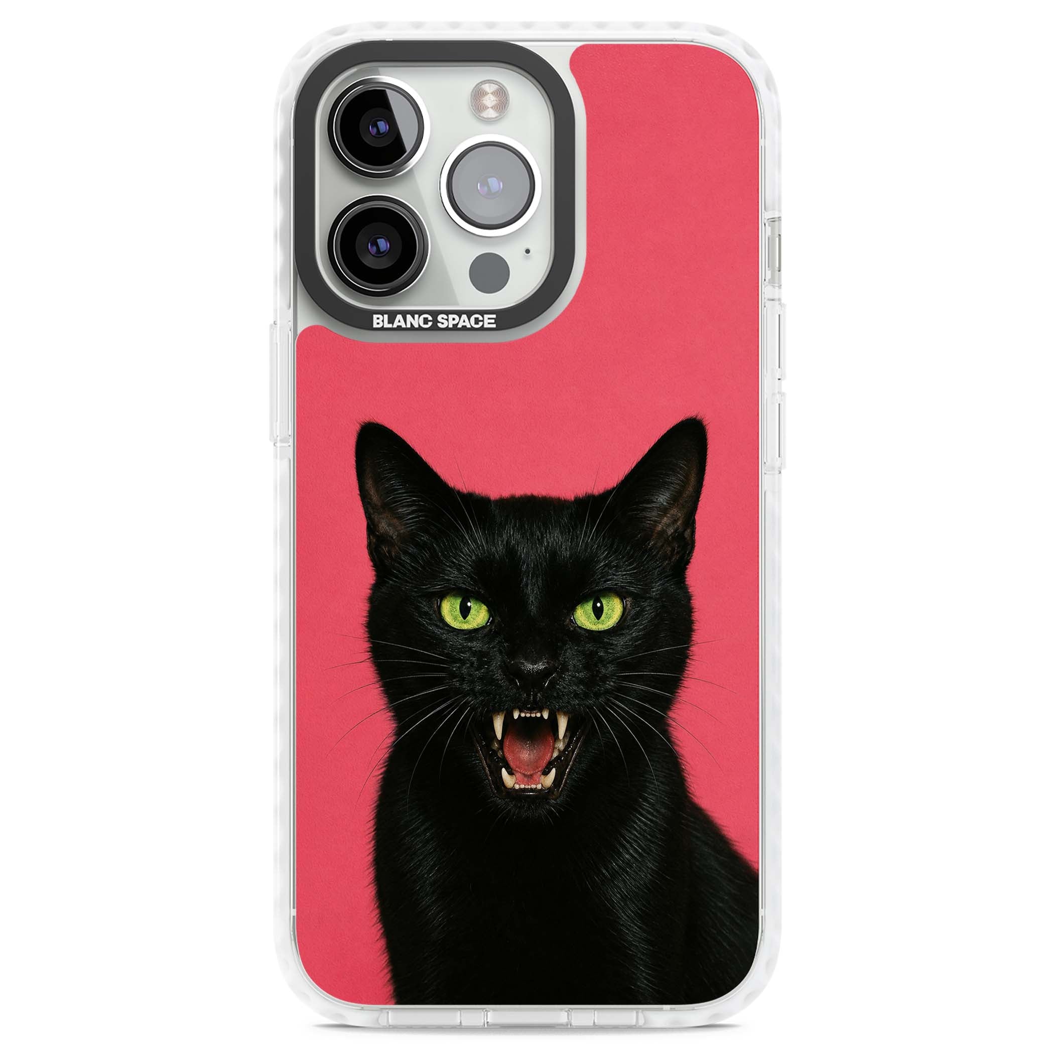 Hissin' Baddie black cat iPhone case featuring a hissing feline with green eyes on a hot pink background | Clear Impact case for iPhone 13 Pro, iPhone 14 Pro, iPhone 15 Pro