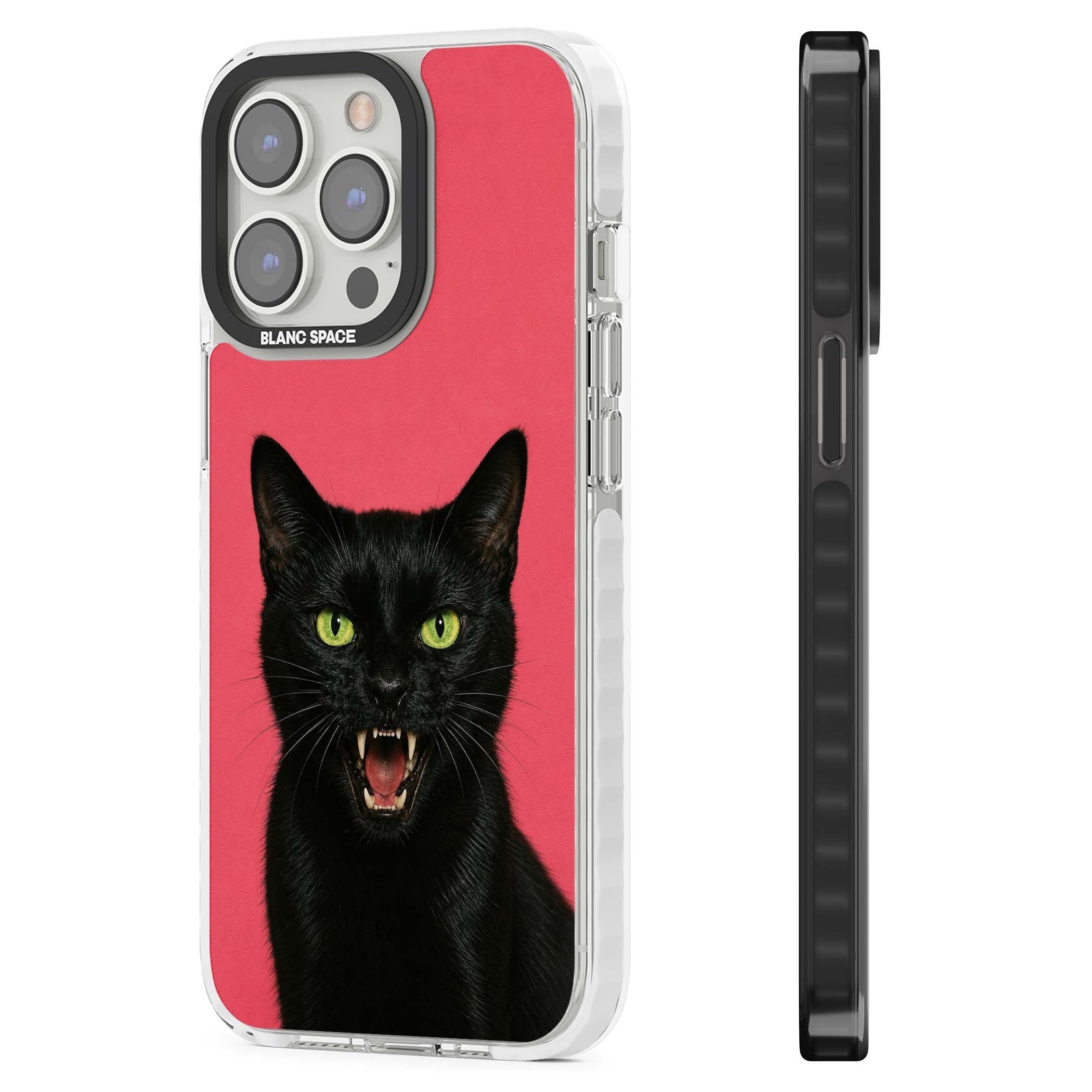 Hissin' Baddie black cat iPhone case featuring a hissing feline with green eyes on a hot pink background | Clear Impact case for iPhone 13 Pro, iPhone 14 Pro, iPhone 15 Pro