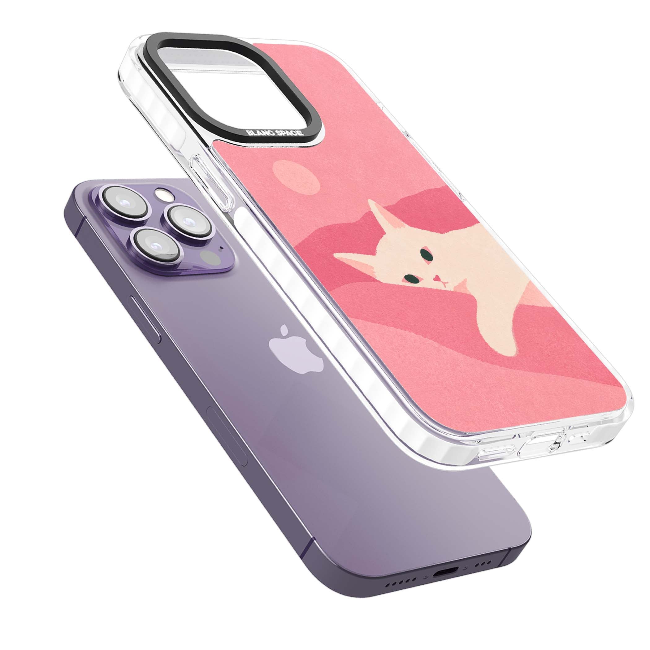 Pink Dreams cute cat iPhone case featuring a white kitten, soft pink hills and a pale pastel sun | Clear Impact case for iPhone 13 Pro, iPhone 14 Pro, iPhone 15 Pro