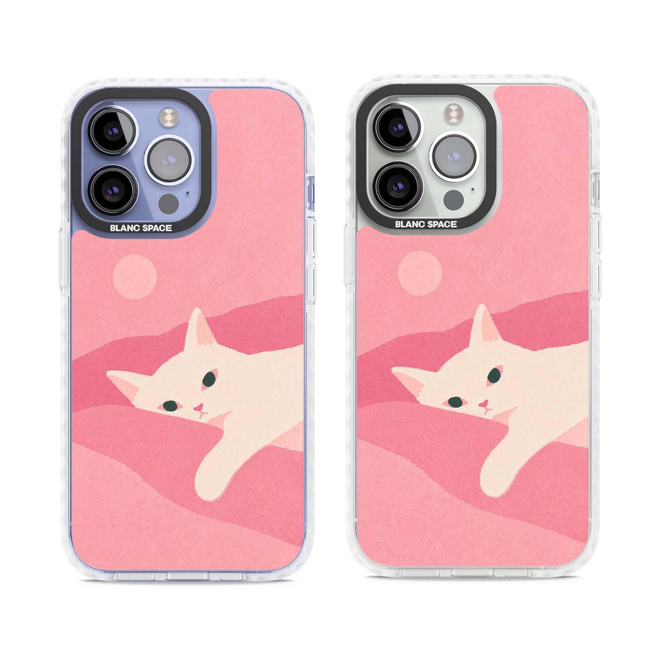 Pink Dreams cute cat iPhone case featuring a white kitten, soft pink hills and a pale pastel sun | Clear Impact case for iPhone 13 Pro, iPhone 14 Pro, iPhone 15 Pro