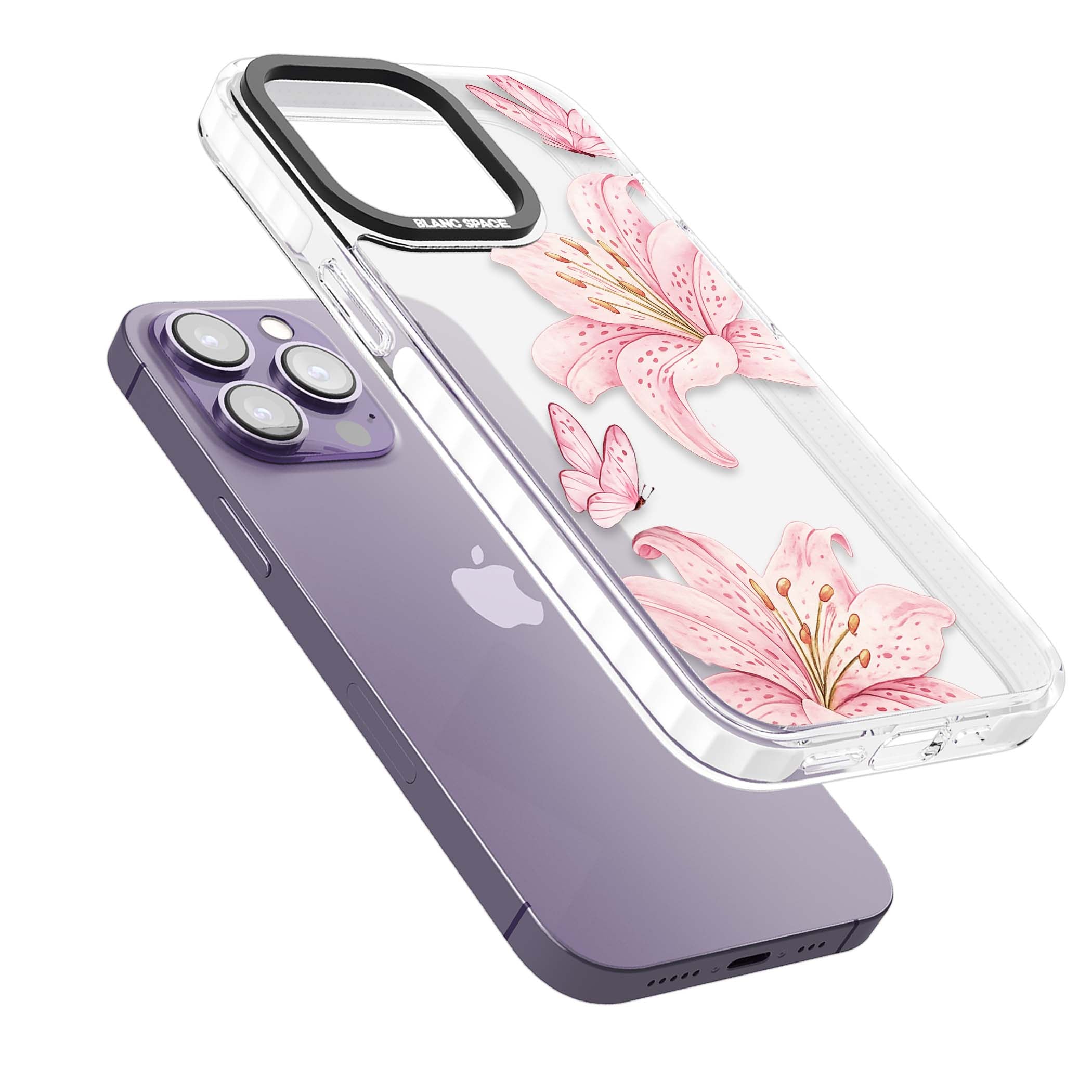 Lily Whisper floral iPhone case featuring pink watercolour lilies and delicate butterflies on a clear background | Clear Impact case for iPhone 13 Pro, iPhone 14 Pro, iPhone 15 Pro