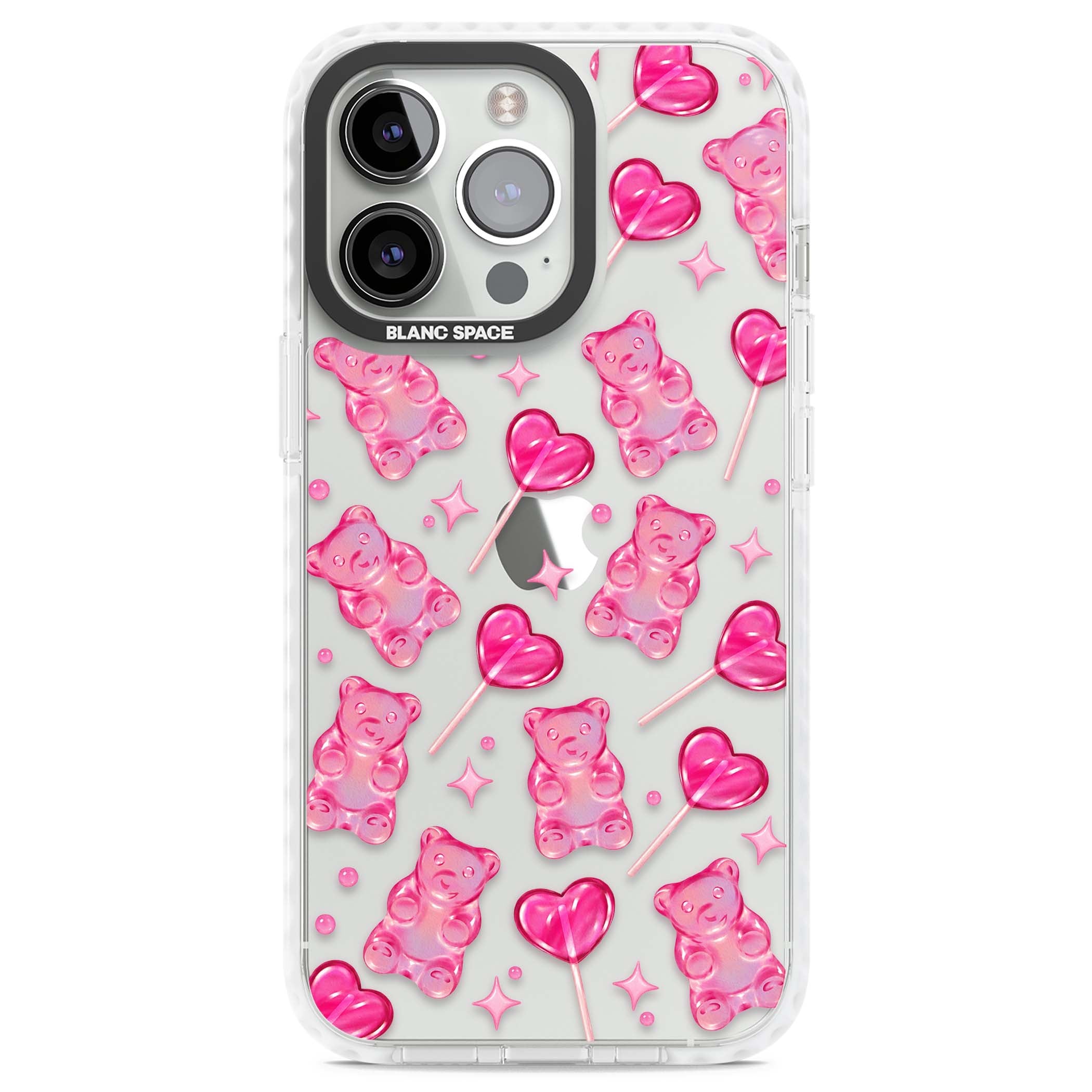 Pink Sugar pinkcore iPhone case featuring pink gummy bears, heart-shaped lollipops and sparkle stars | Clear Impact case for iPhone 13 Pro, iPhone 14 Pro, iPhone 15 Pro
