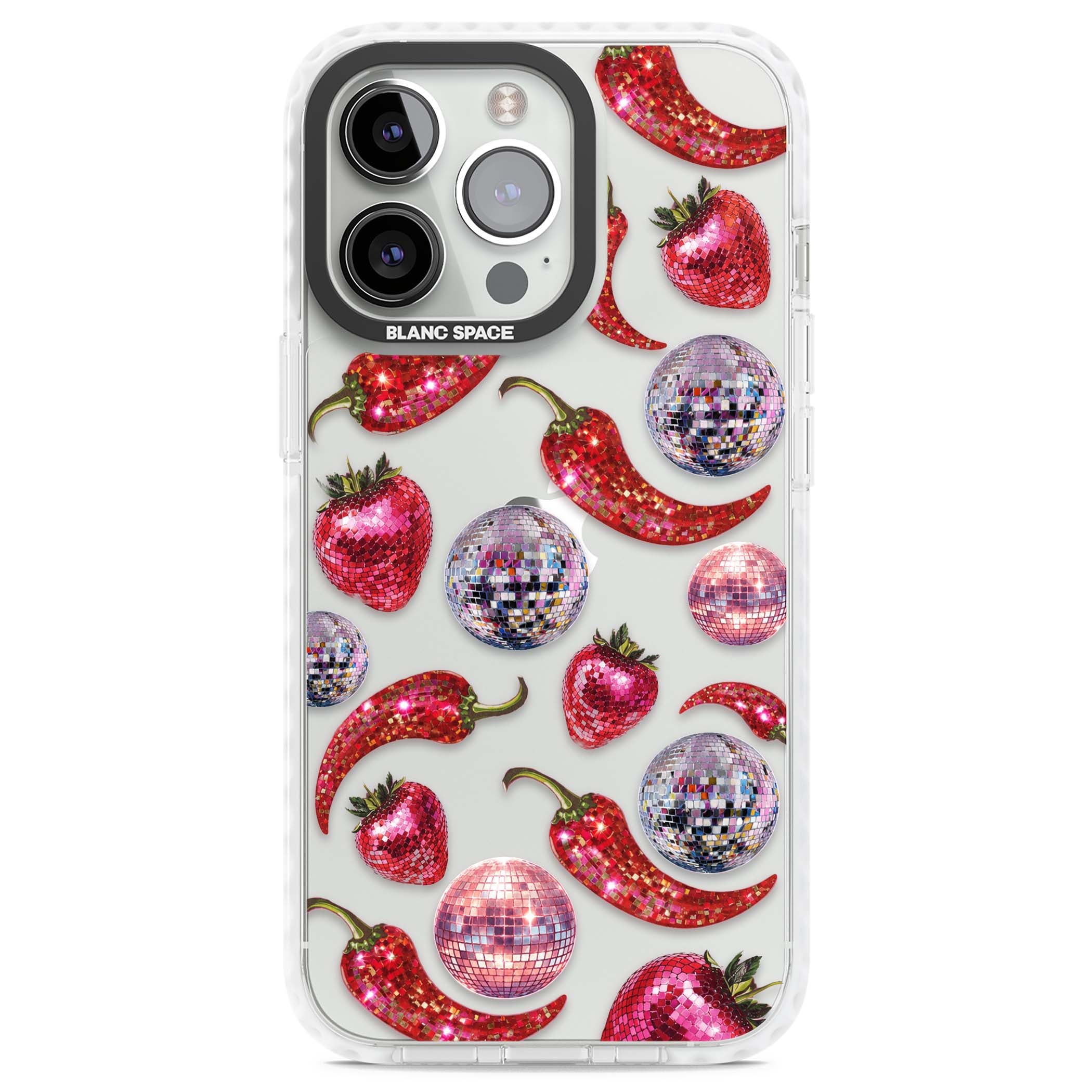 Spicy Disco Y2K iPhone case featuring glitter disco balls, sparkly strawberries and red chilli peppers | Clear Impact case for iPhone 13 Pro, iPhone 14 Pro, iPhone 15 Pro