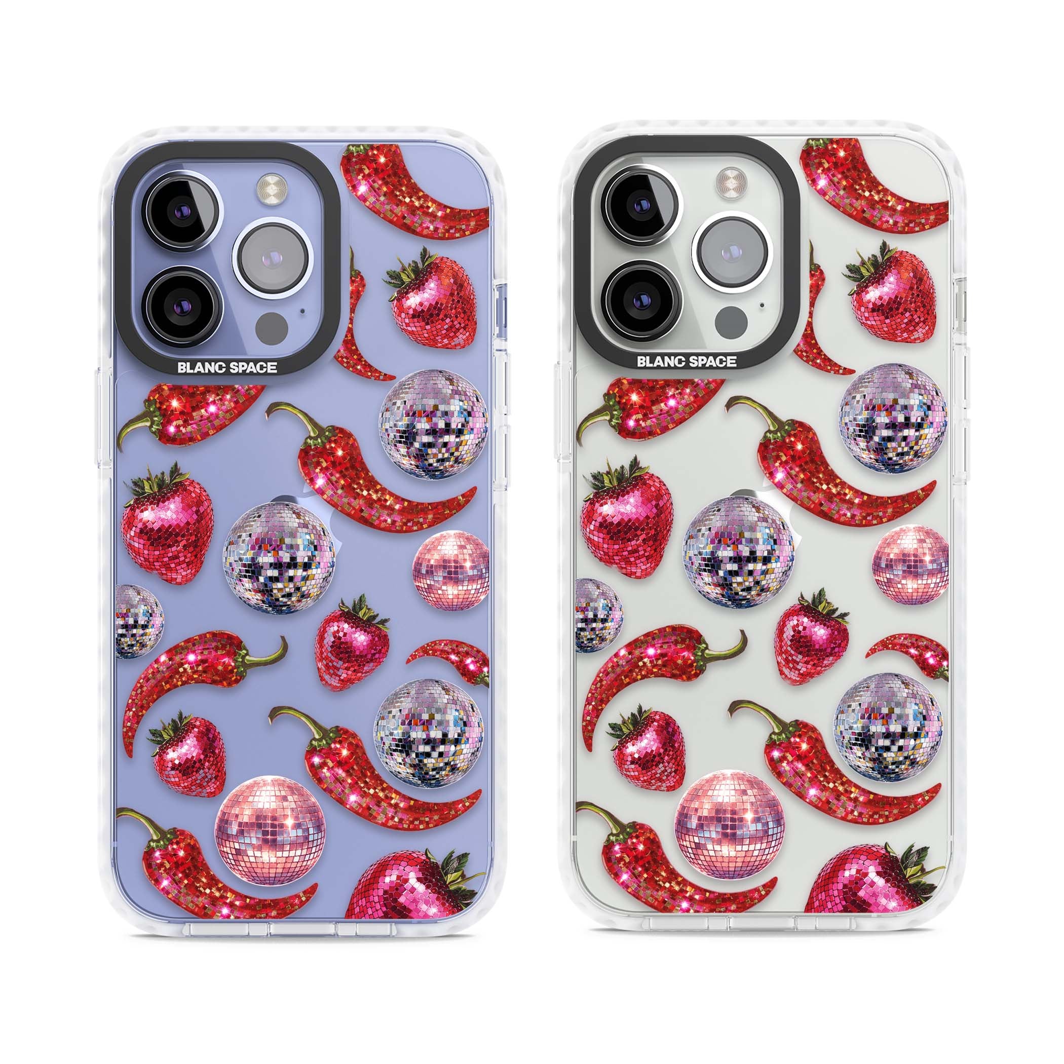 Spicy Disco Y2K iPhone case featuring glitter disco balls, sparkly strawberries and red chilli peppers | Clear Impact case for iPhone 13 Pro, iPhone 14 Pro, iPhone 15 Pro