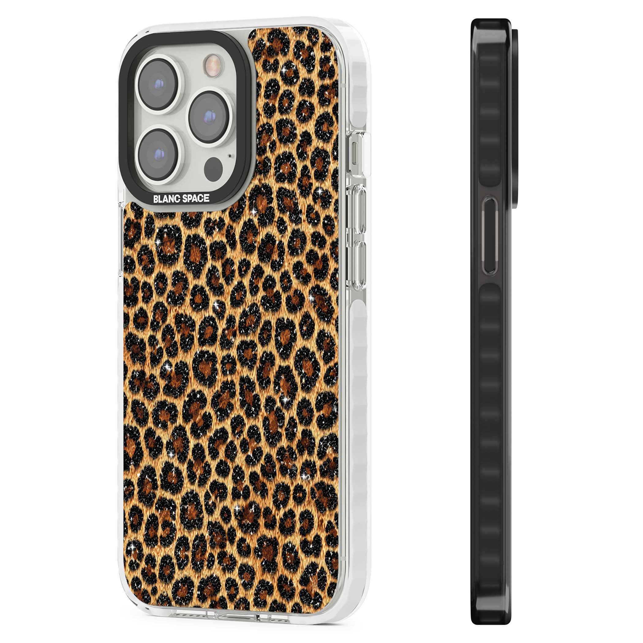 Diamond Leopard leopard print iPhone case featuring golden tan fur, black rosette spots and subtle glitter sparkle | Clear Impact case for iPhone 13 Pro, iPhone 14 Pro, iPhone 15 Pro