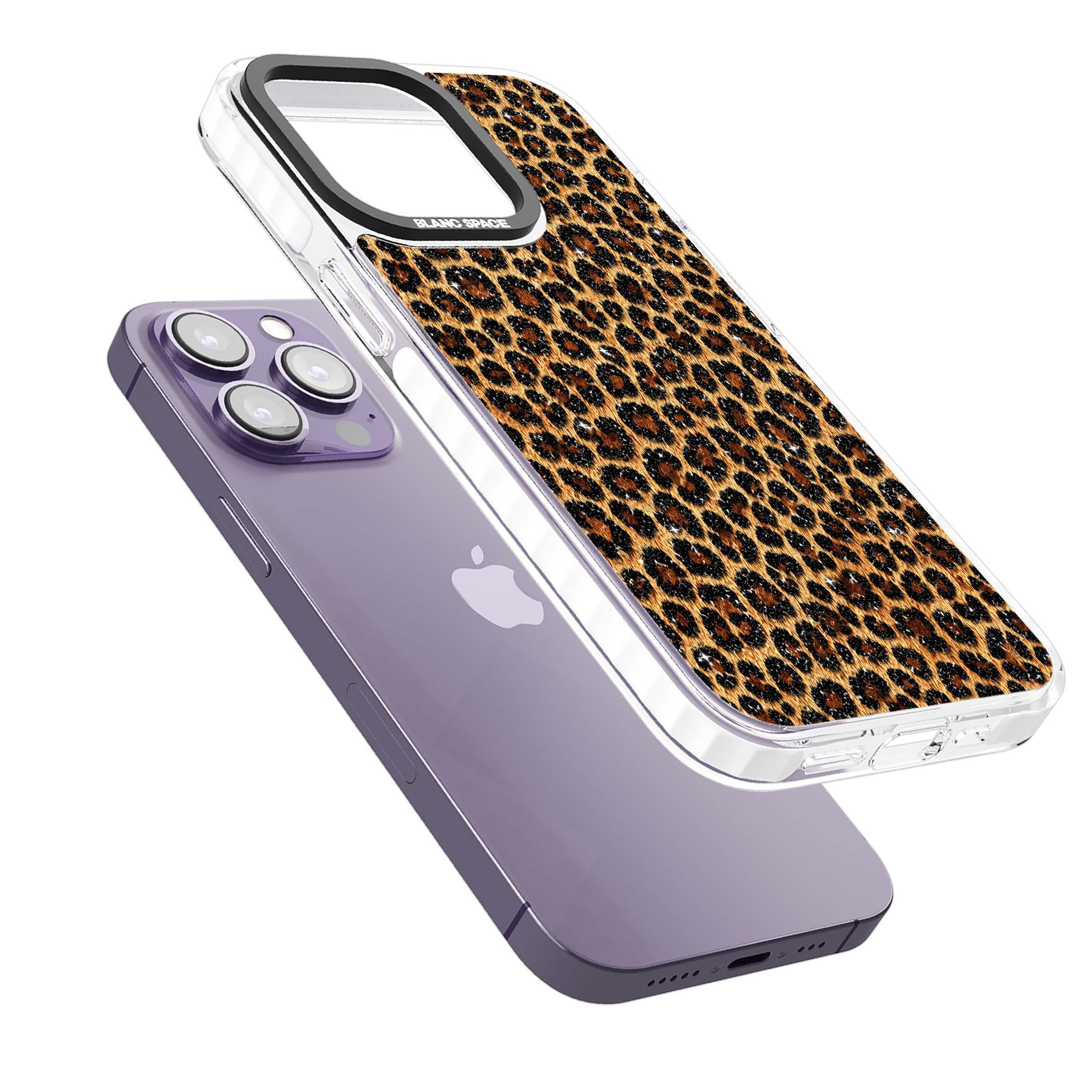 Diamond Leopard leopard print iPhone case featuring golden tan fur, black rosette spots and subtle glitter sparkle | Clear Impact case for iPhone 13 Pro, iPhone 14 Pro, iPhone 15 Pro