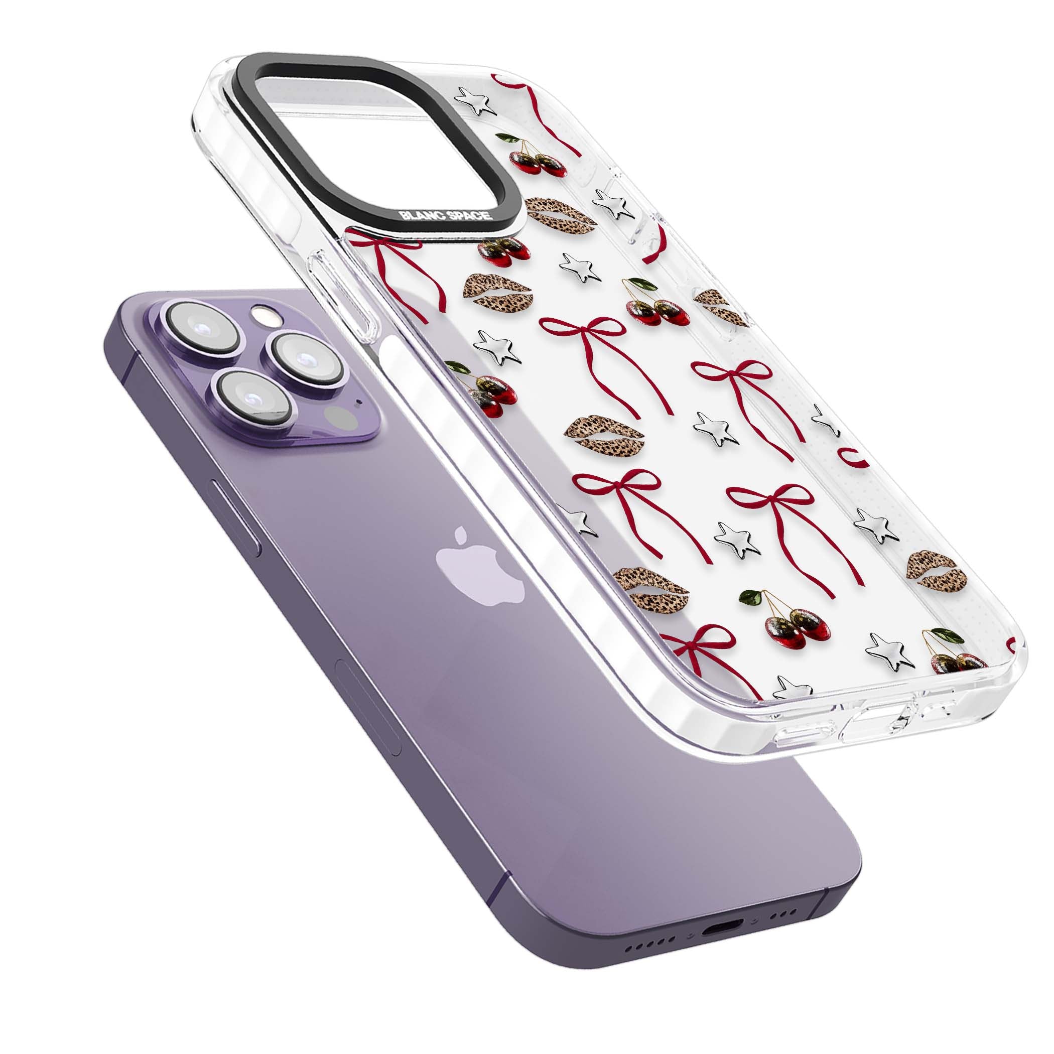 Starlet coquette iPhone case featuring red ribbon bows, disco cherries and leopard-print lips | Clear Impact case for iPhone 13 Pro, iPhone 14 Pro, iPhone 15 Pro