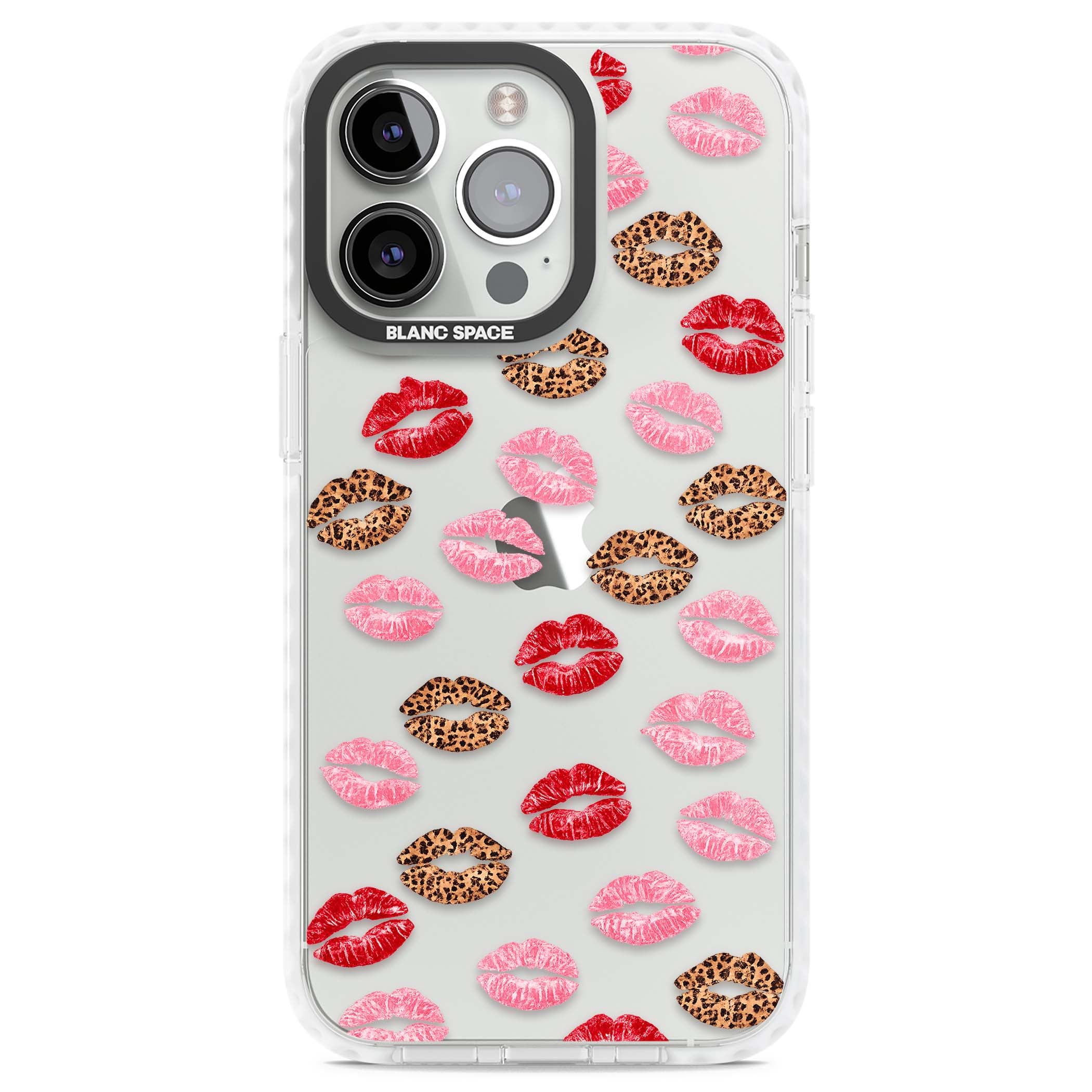 Wild Kisses coquette iPhone case featuring red, pink and leopard print lipstick kiss marks on a clear background | Clear Impact case for iPhone 13 Pro, iPhone 14 Pro, iPhone 15 Pro