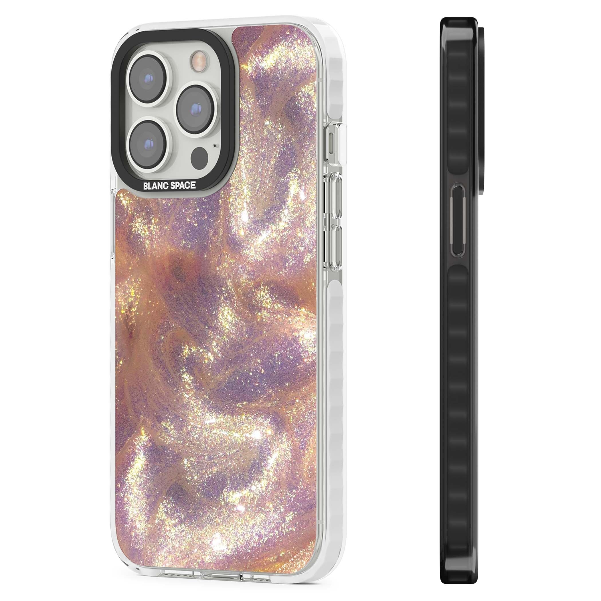 Shimmer marble iPhone case featuring rose gold glitter swirls, lilac shimmer and iridescent pearl finish | Clear Impact case for iPhone 13 Pro, iPhone 14 Pro, iPhone 15 Pro