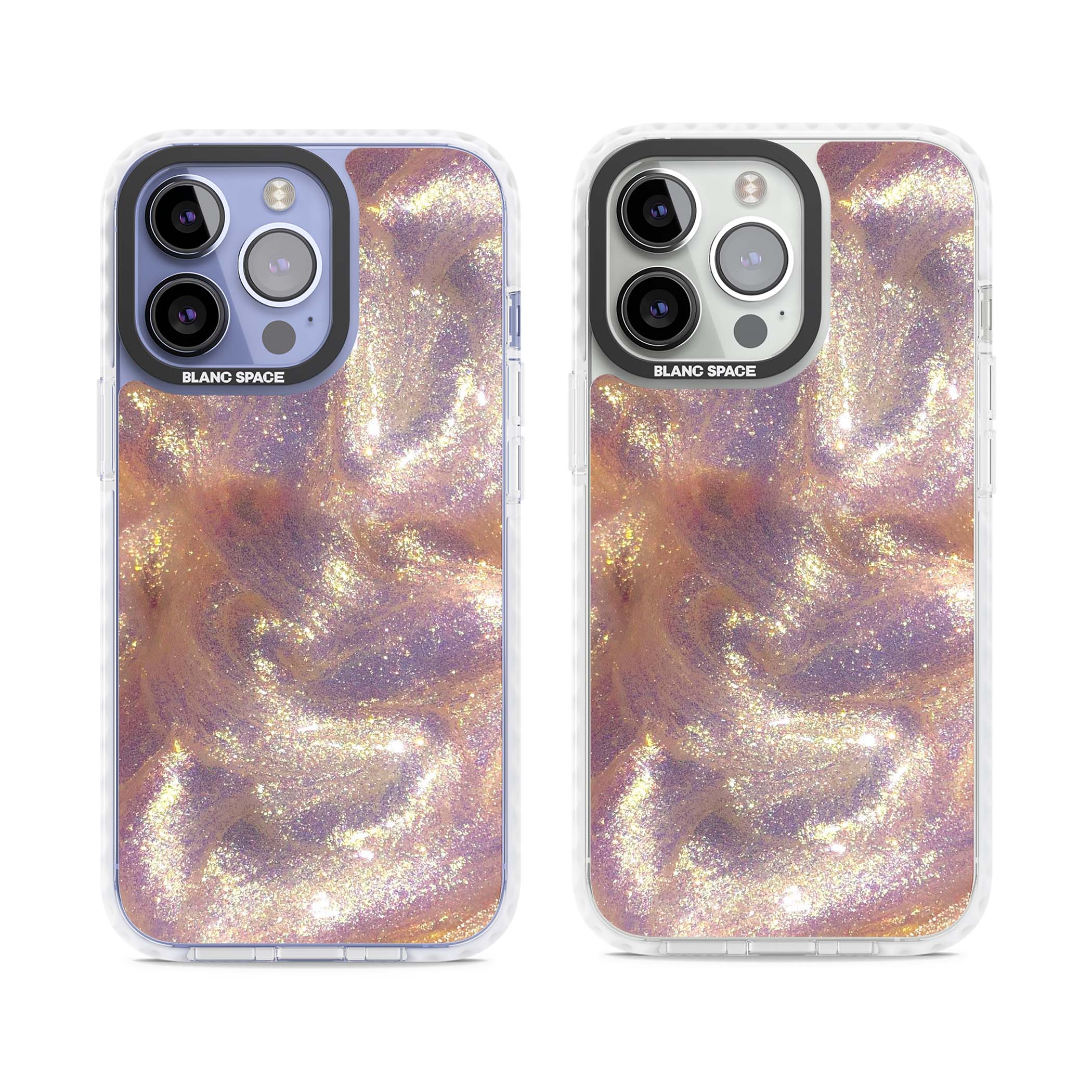 Shimmer marble iPhone case featuring rose gold glitter swirls, lilac shimmer and iridescent pearl finish | Clear Impact case for iPhone 13 Pro, iPhone 14 Pro, iPhone 15 Pro