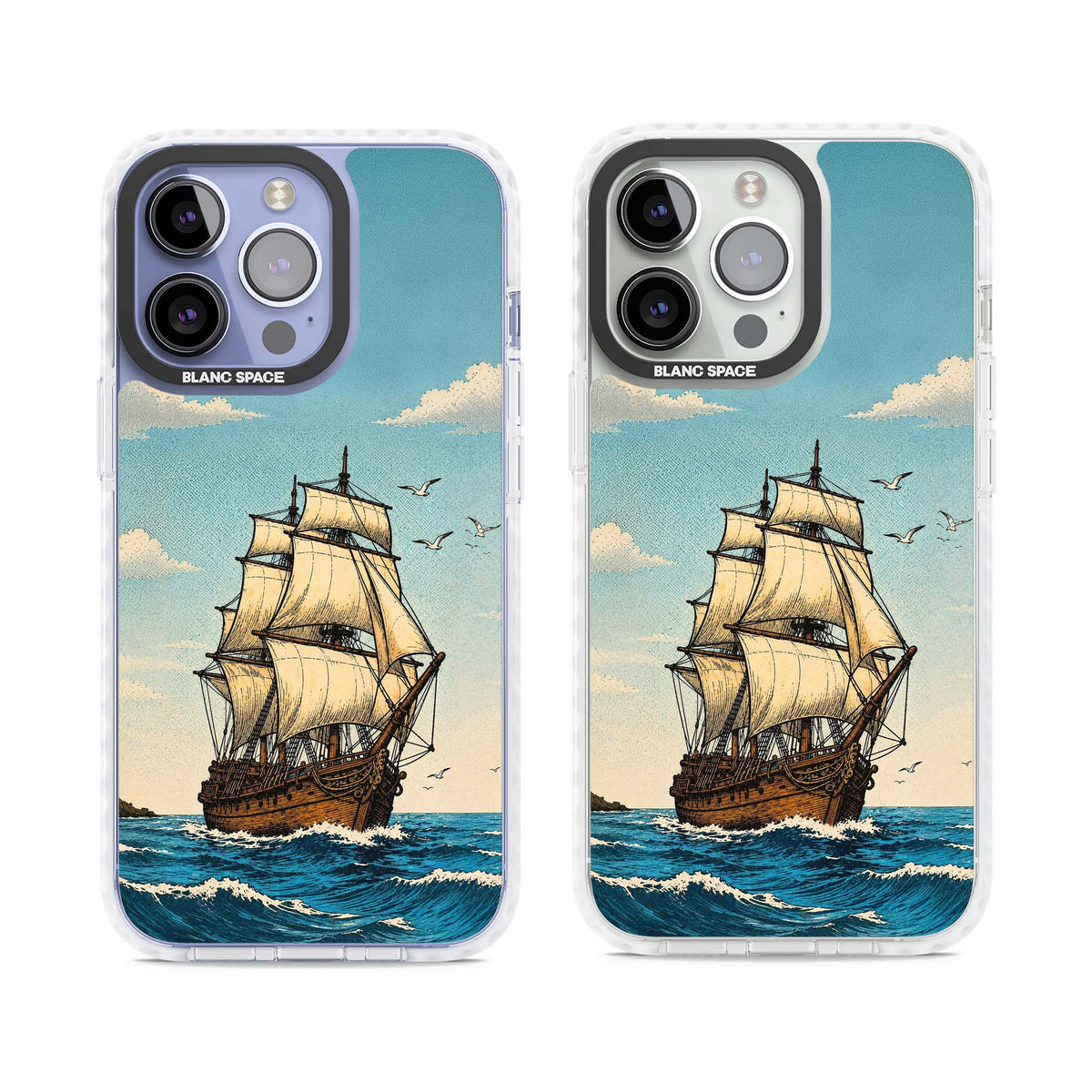 Ship at Sea nautical iPhone case featuring a vintage tall ship, ocean waves and seagulls | Clear Impact case for iPhone 13 Pro, iPhone 14 Pro, iPhone 15 Pro