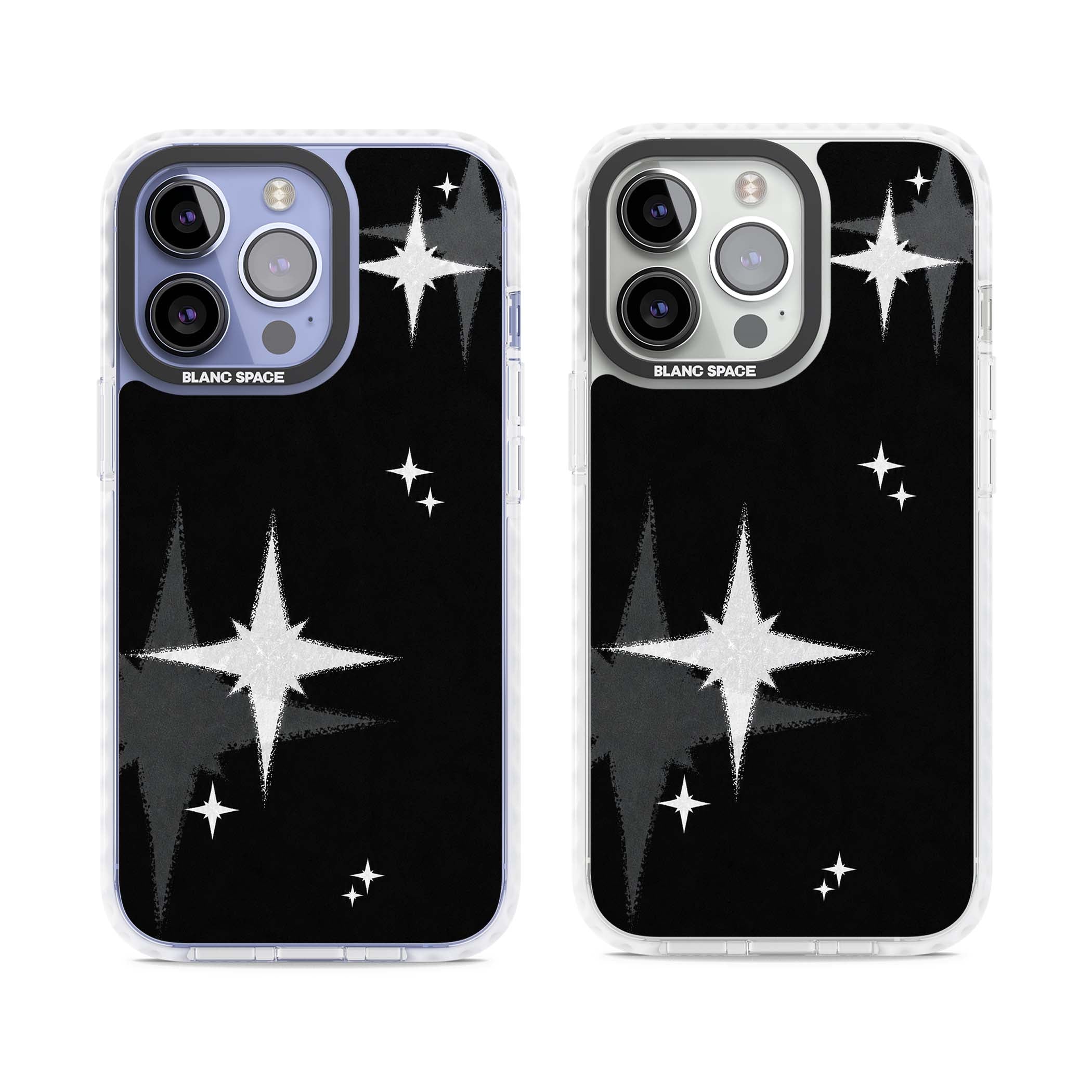 Black Sparkle celestial iPhone case featuring white sparkle stars on a black night sky background | Clear Impact case for iPhone 13 Pro, iPhone 14 Pro, iPhone 15 Pro