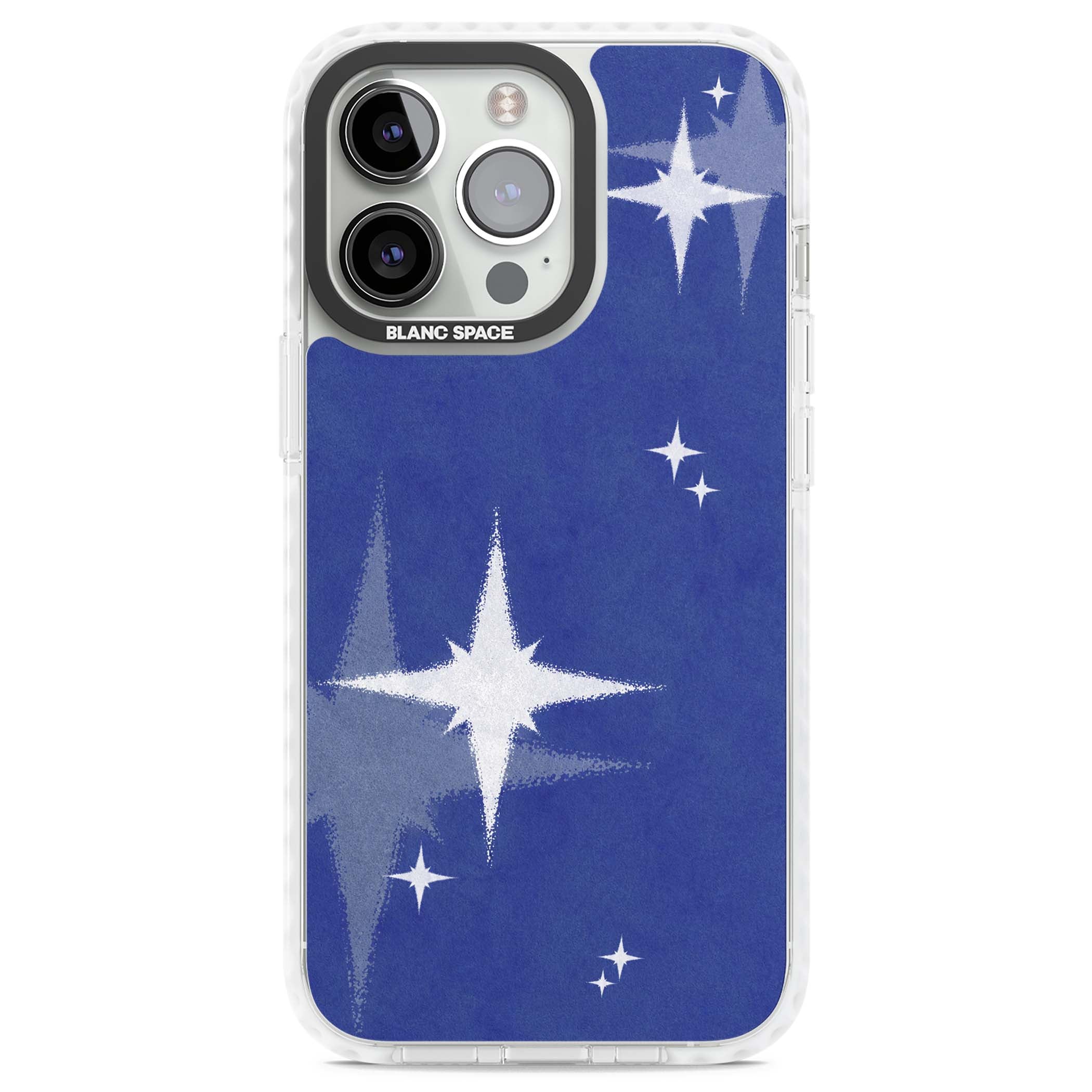 Blue Sparkle celestial iPhone case featuring sparkling silver stars on a deep blue painterly night sky | Clear Impact case for iPhone 13 Pro, iPhone 14 Pro, iPhone 15 Pro
