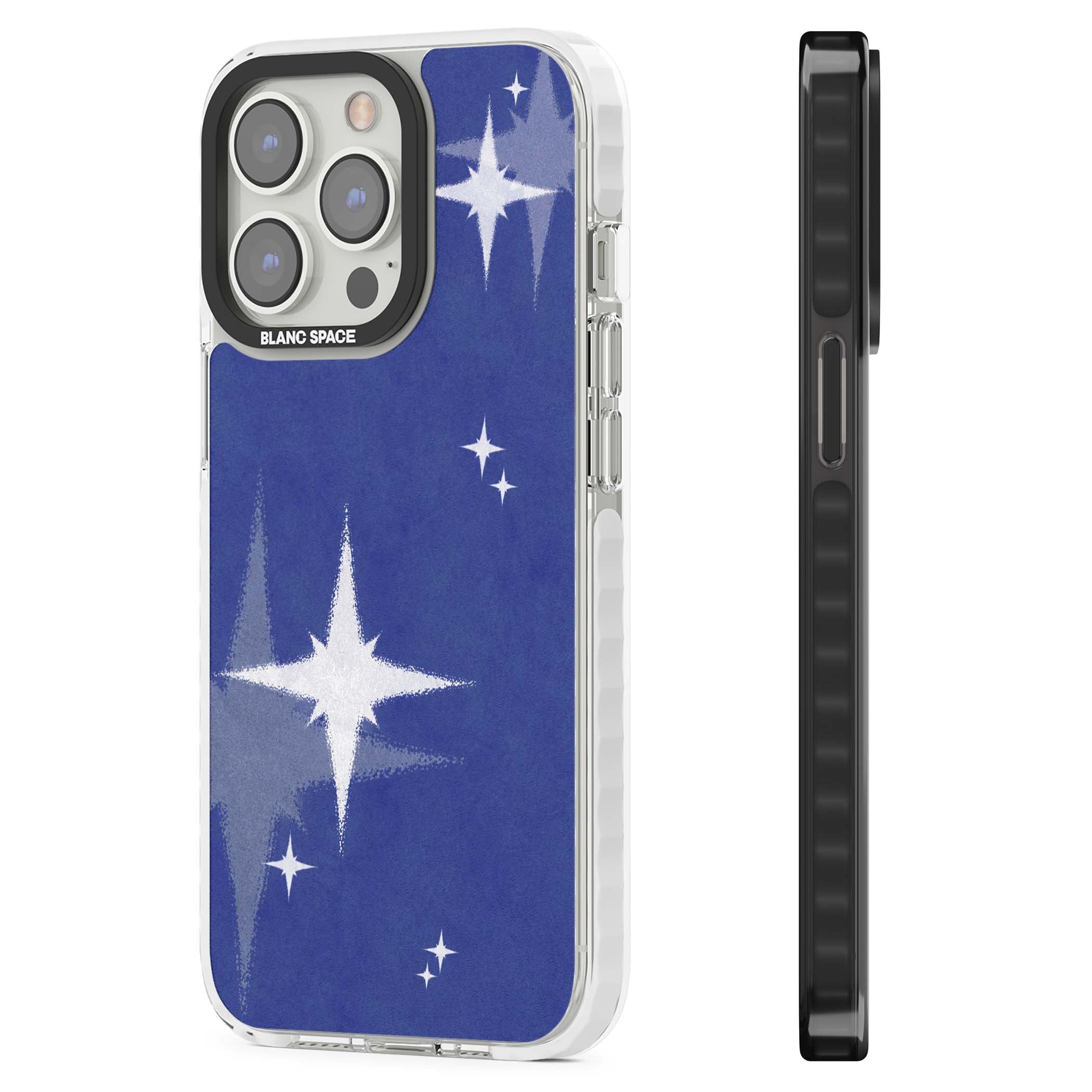 Blue Sparkle celestial iPhone case featuring sparkling silver stars on a deep blue painterly night sky | Clear Impact case for iPhone 13 Pro, iPhone 14 Pro, iPhone 15 Pro