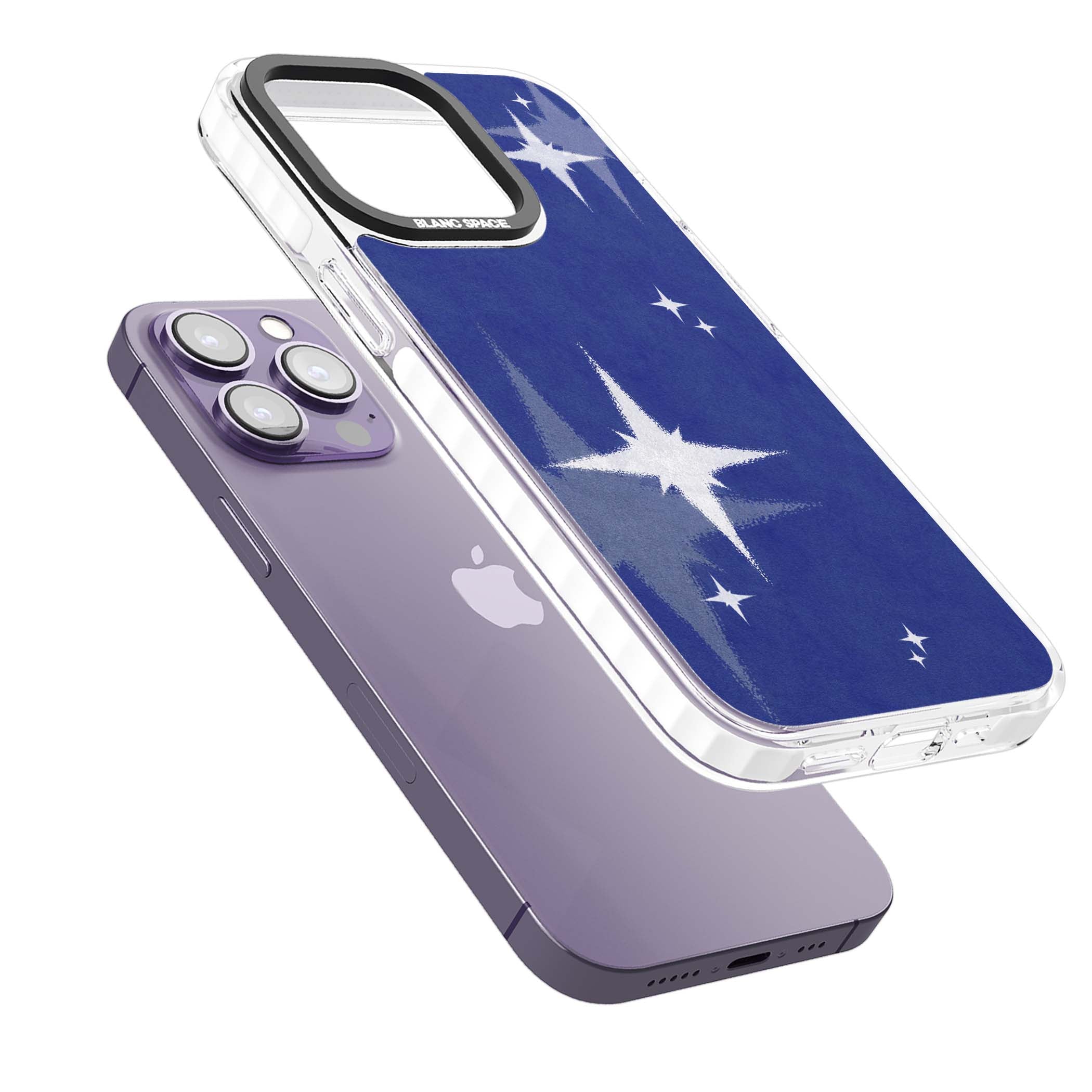 Blue Sparkle celestial iPhone case featuring sparkling silver stars on a deep blue painterly night sky | Clear Impact case for iPhone 13 Pro, iPhone 14 Pro, iPhone 15 Pro
