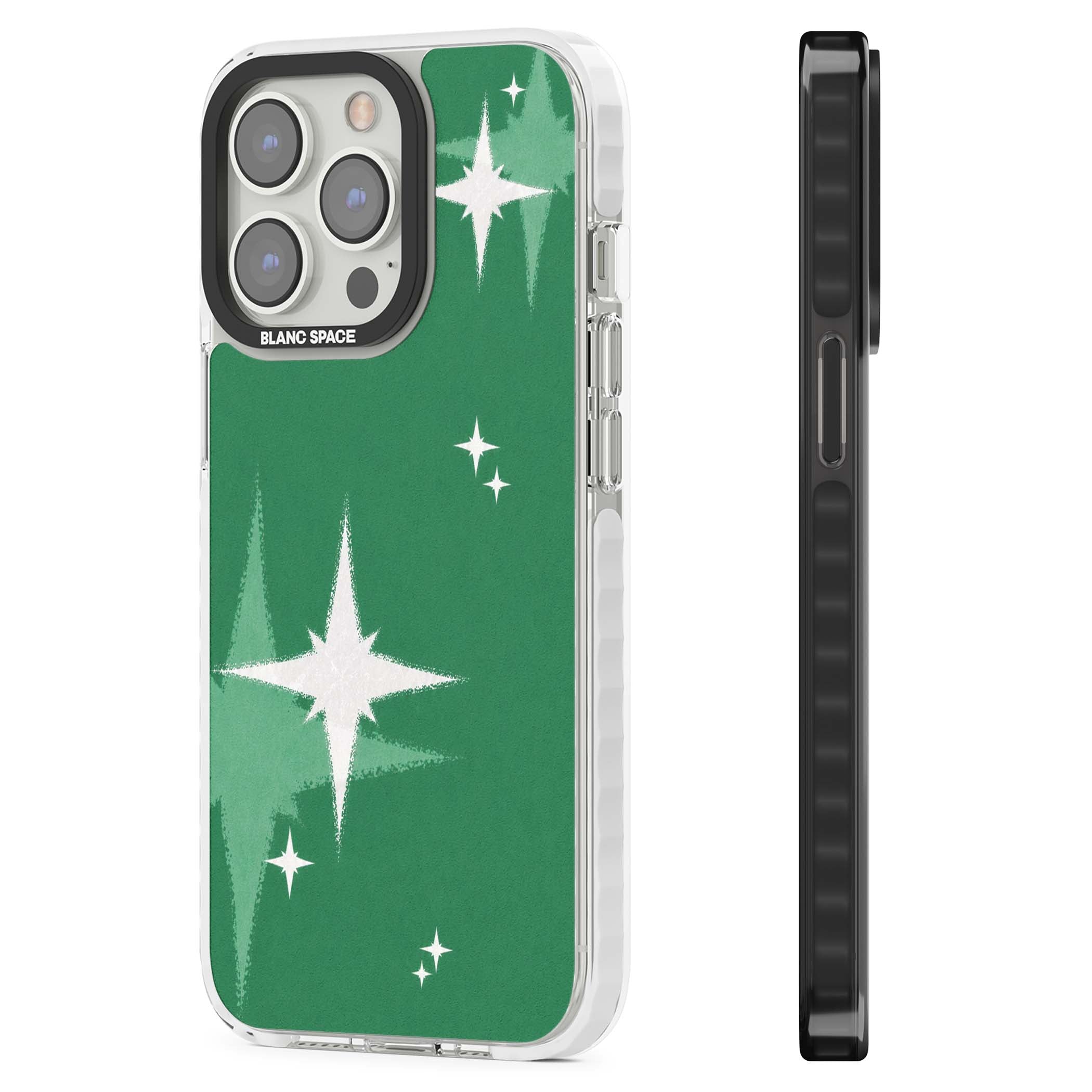 Green Sparkle celestial iPhone case featuring sparkling white four-point stars on a deep green background | Clear Impact case for iPhone 13 Pro, iPhone 14 Pro, iPhone 15 Pro